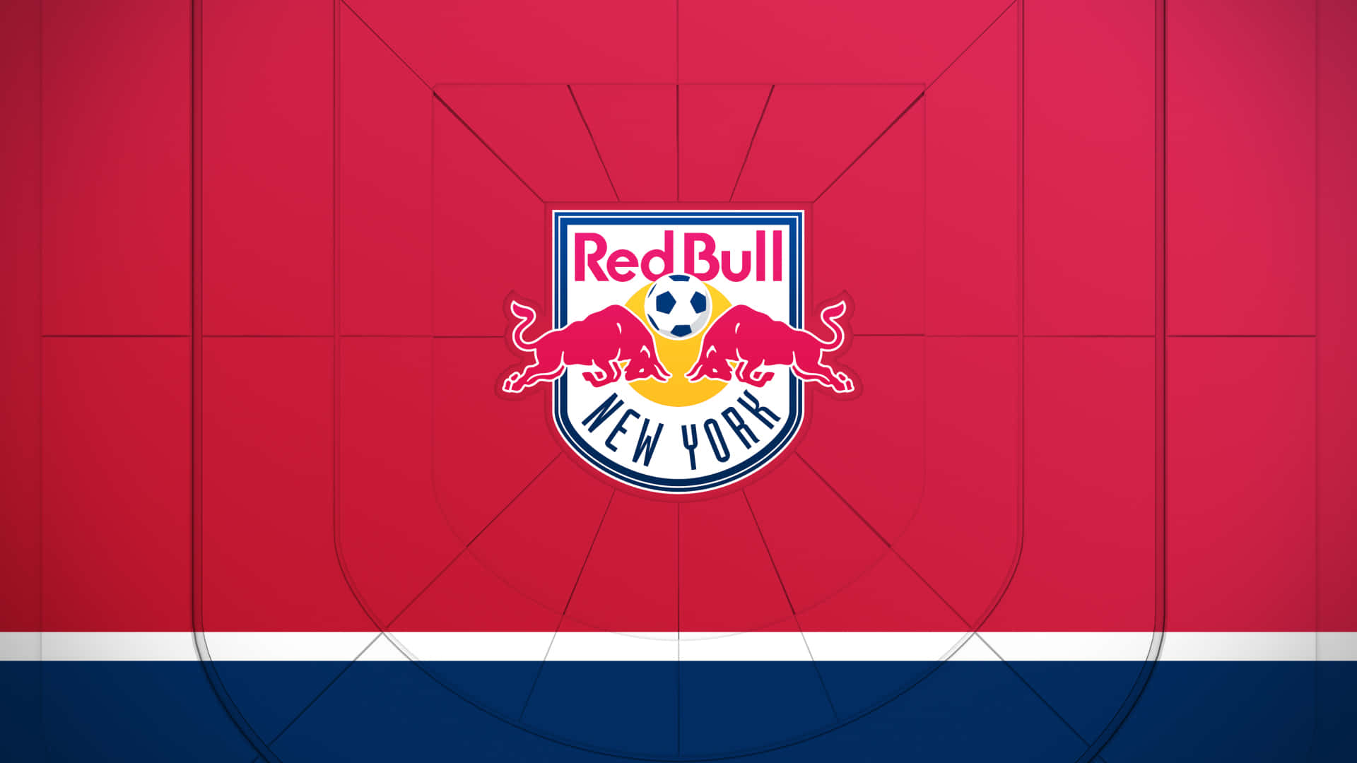 紅牛 桌布 壁紙 — Red Bull New York 足球隊標誌居中於紅色背景上，帶有幾何線條和藍白條紋。