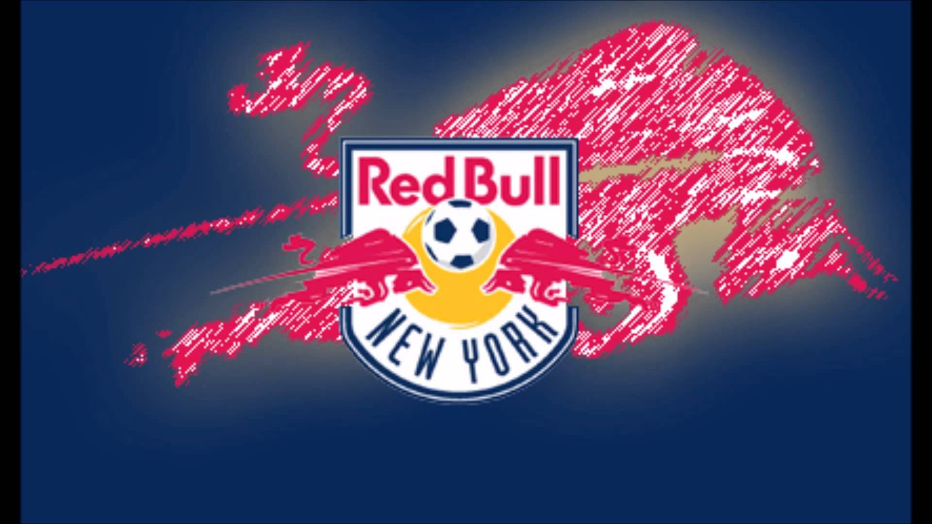 足球 桌布 壁紙 — Red Bull New York 足球隊標誌，帶有紅色公牛剪影和足球，背景為深藍色。