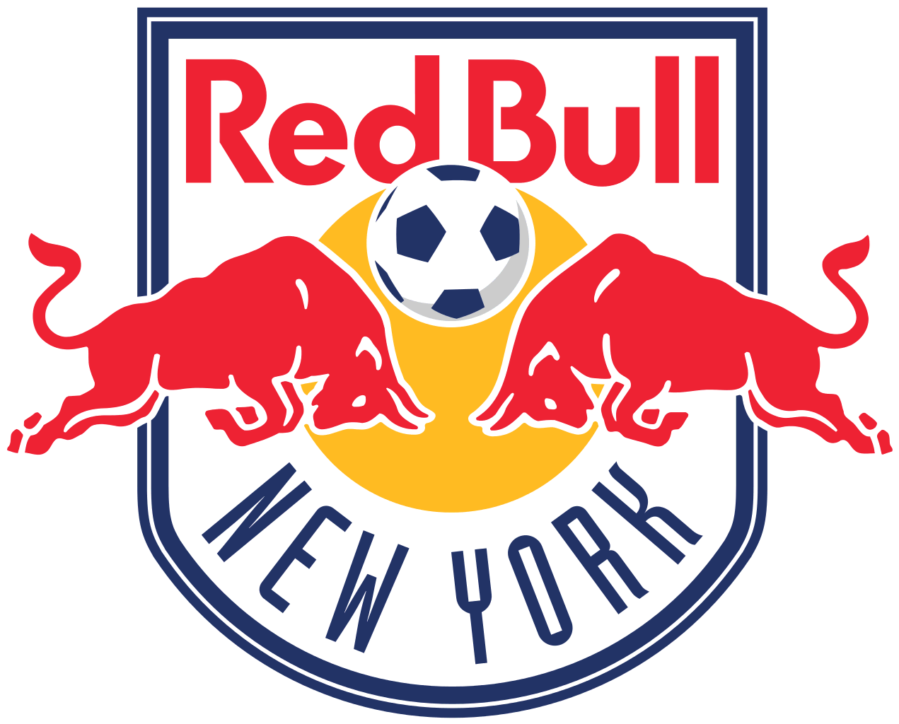 紅牛 桌布 壁紙 — Red Bull New York 足球隊標誌，兩頭紅色公牛在黃色太陽前衝向足球。