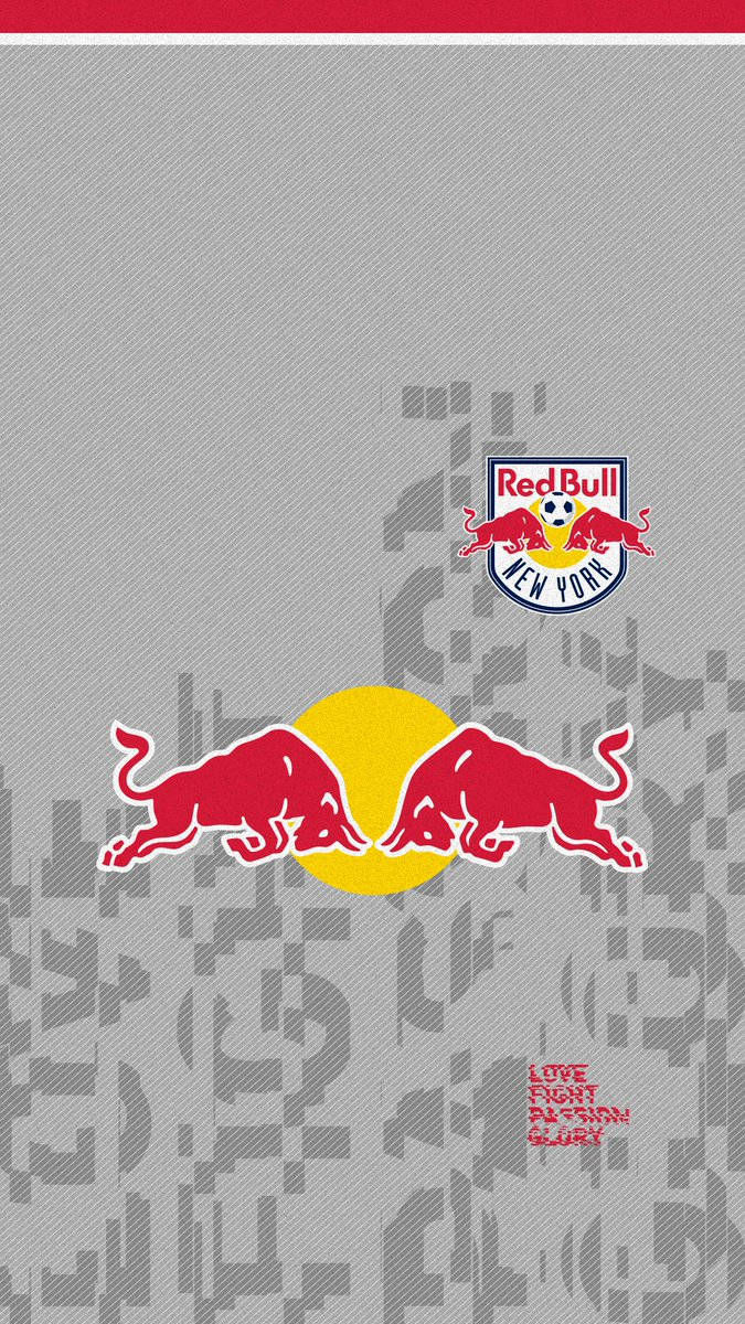 足球 桌布 壁紙 — Red Bull New York 足球隊標誌，兩頭紅色公牛在灰色紋理背景上，於黃色太陽上方互相衝撞。