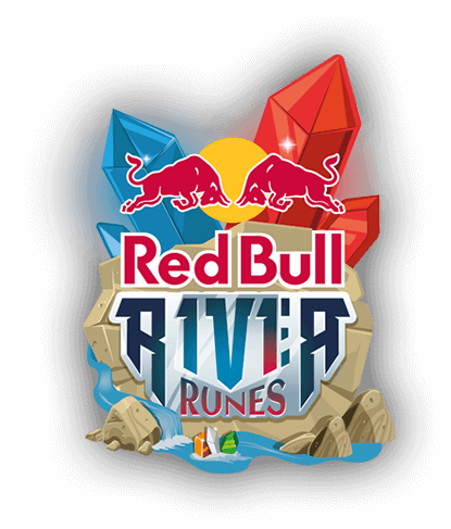 紅牛 桌布 壁紙 — Red Bull River Runes 標誌，包含衝鋒的公牛、色彩繽紛的水晶和岩石河流場景中的皮划艇運動員。