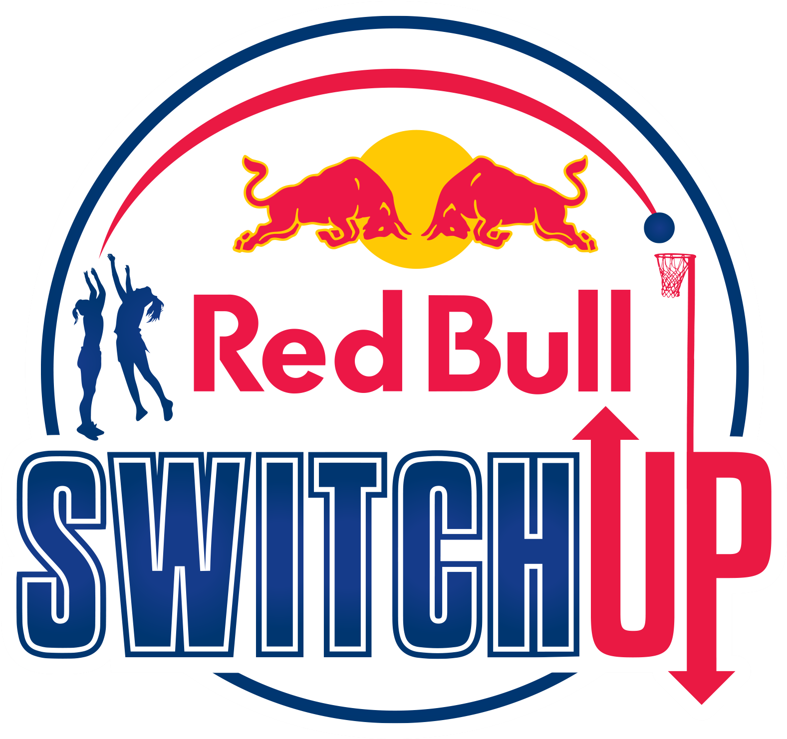 紅牛 桌布 壁紙 — Red Bull Switch Up 標誌，兩頭紅牛衝向太陽，帶有籃球運動員剪影和籃框。