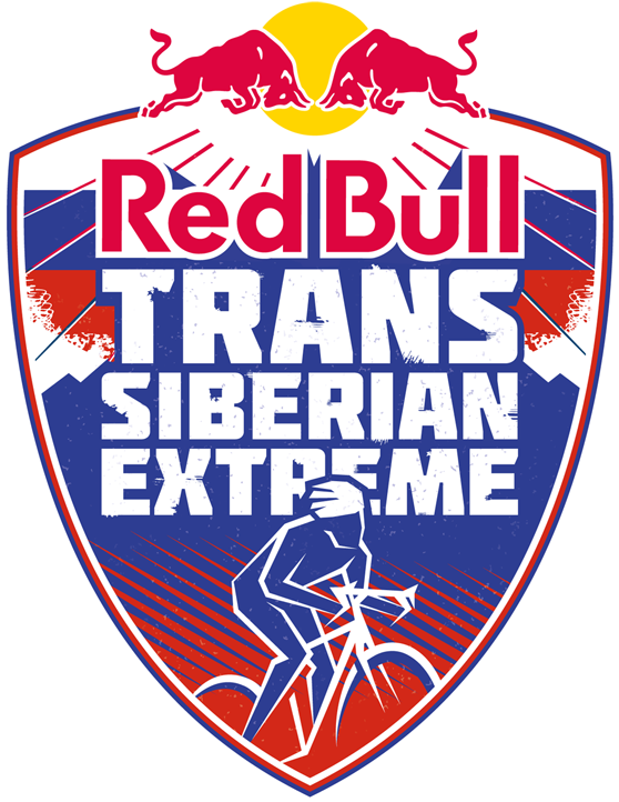 紅牛 桌布 壁紙 — Red Bull Trans Siberian Extreme 的大膽盾牌標誌，特色是紅色公牛、自行車手和動態條紋。
