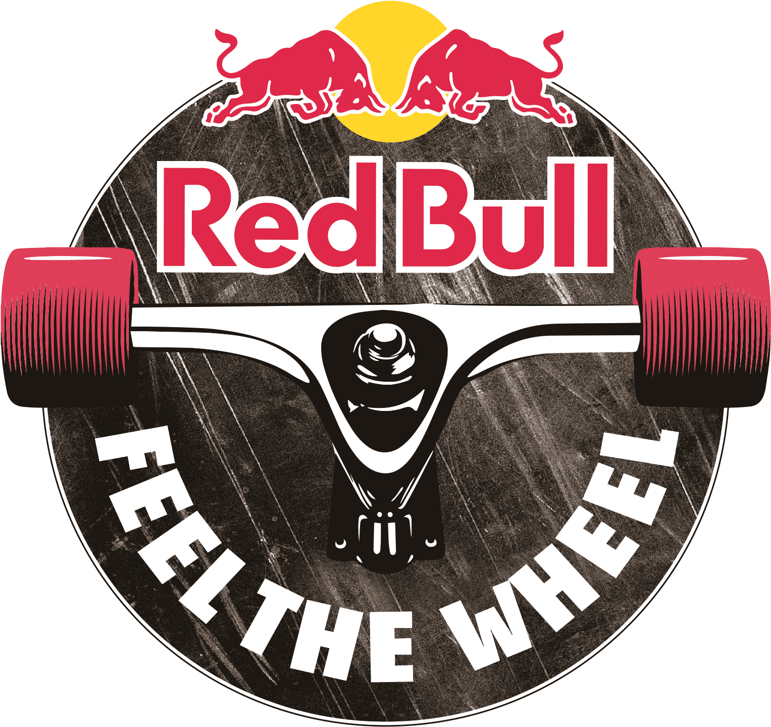 紅牛 桌布 壁紙 — Red Bull 標誌，帶有滑板卡車和輪子，位於紋理圓形背景上。