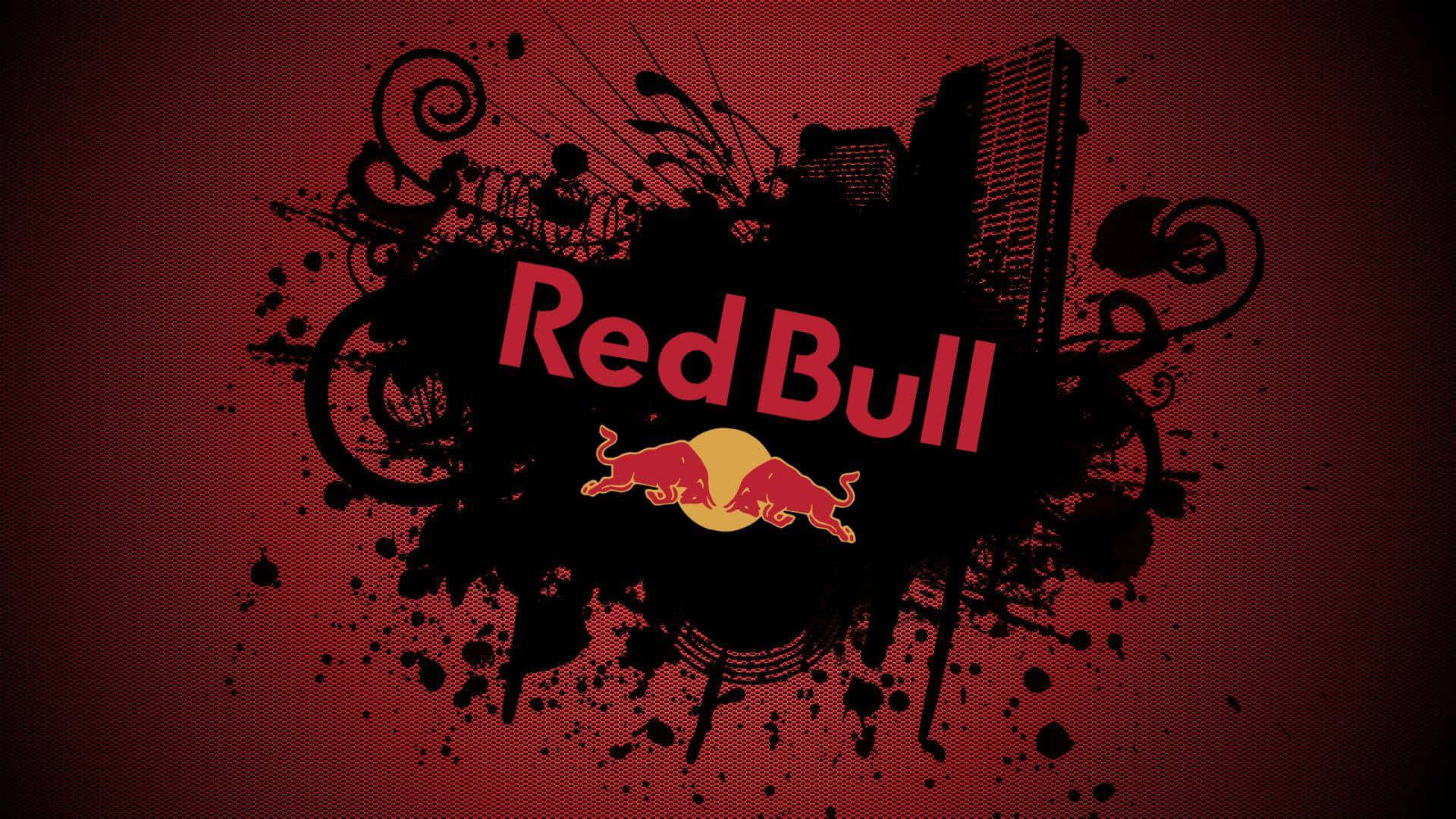紅牛 桌布 壁紙 — Red Bull 標誌，帶有衝鋒的公牛和城市天際線剪影，位於紋理紅色背景上，帶有黑色潑濺藝術。