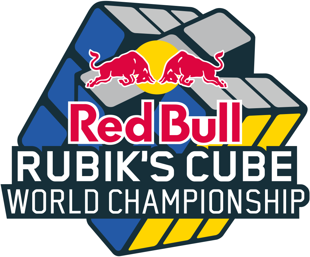 紅牛 桌布 壁紙 — Red Bull 魔術方塊世界錦標賽標誌，特色為紅色公牛、黃色太陽，以及帶有藍色和黃色點綴的風格化方塊。