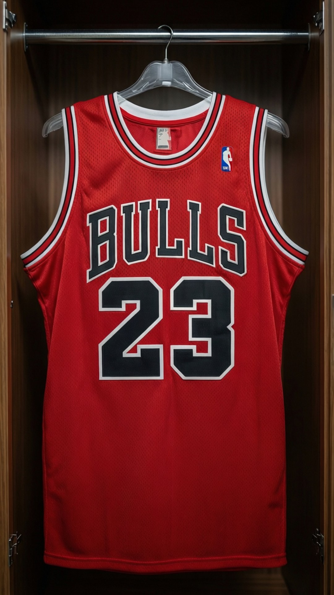Jersey in Locker 壁紙 — 一件紅色芝加哥公牛隊23號球衣整齊地掛在木製衣櫃內的衣架上。