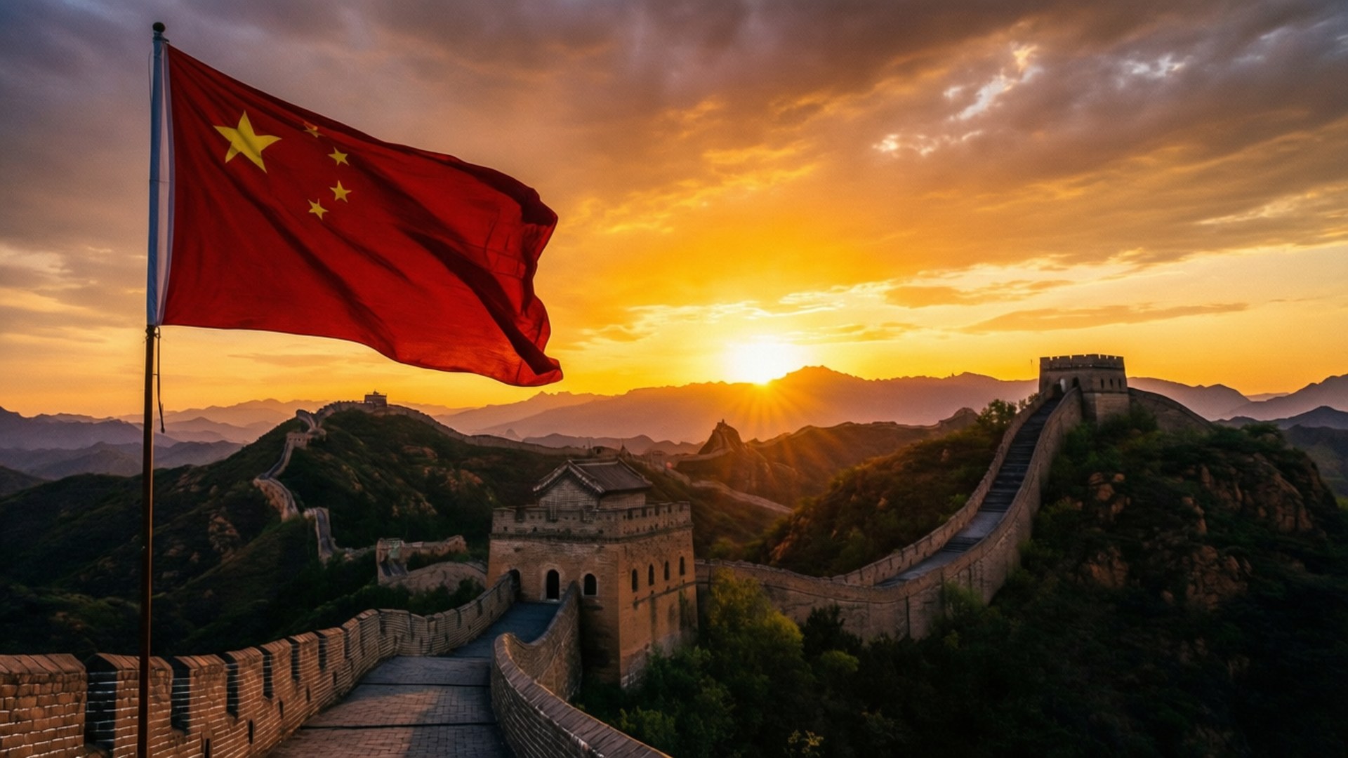 金色夕陽下紅色中國國旗在萬里長城上飄揚，背景為山巒 — 中國國旗 壁紙