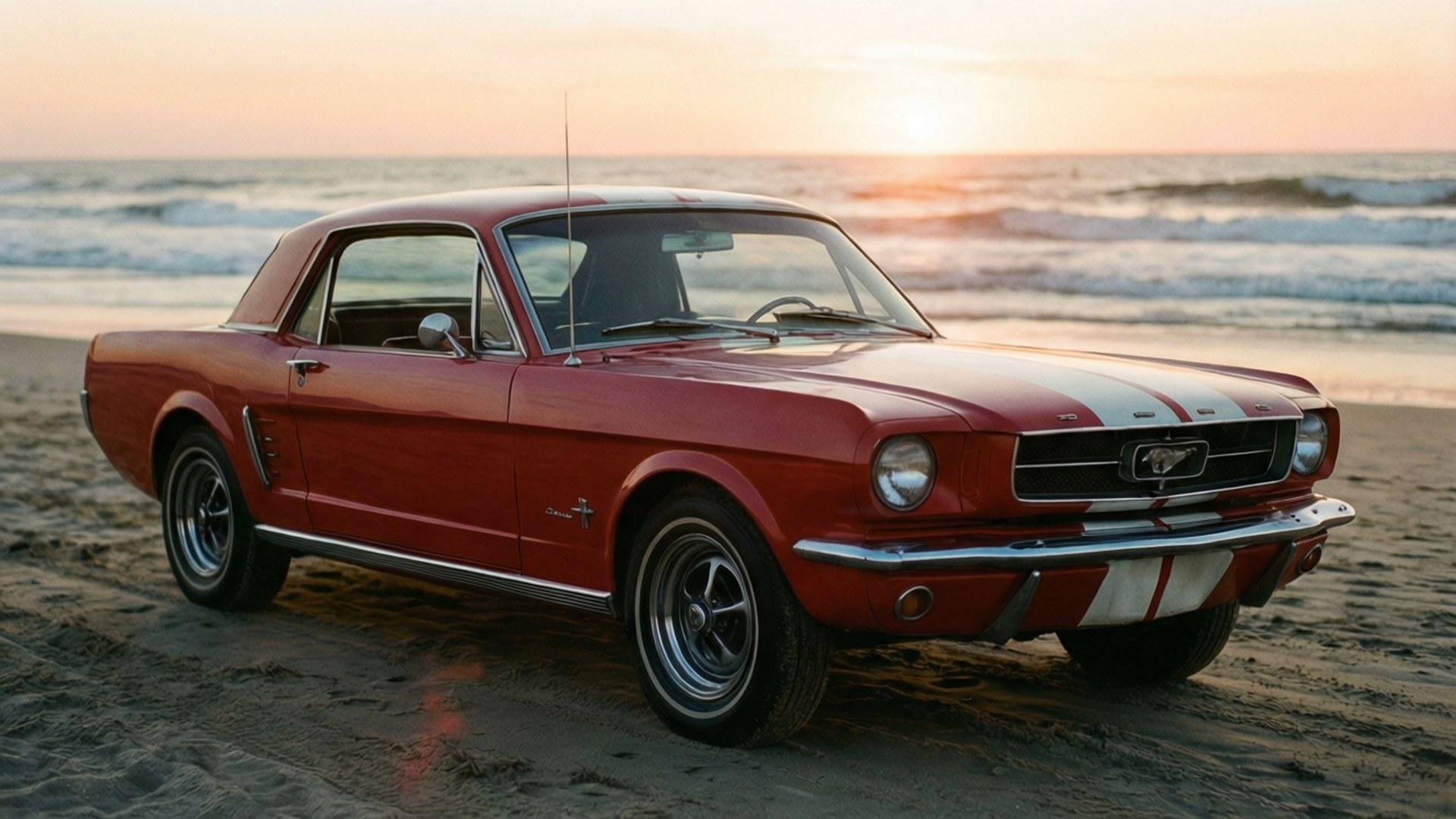 Mustang Convertible Beach 壁紙 — 一輛經典紅色福特野馬，帶有白色賽車條紋，停在日落時分的沙灘上，身後有海浪翻滾。
