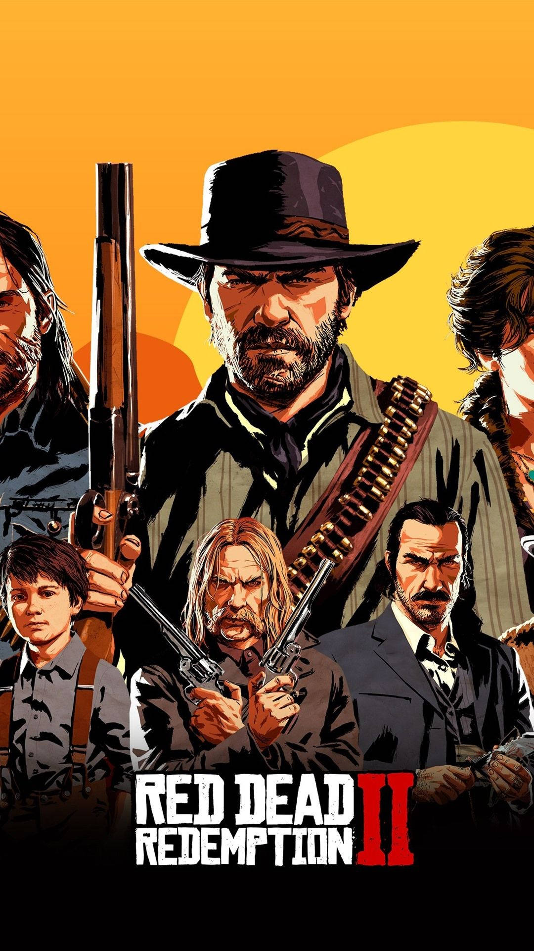 電玩遊戲 桌布 壁紙 — 《Red Dead Redemption II》的戲劇性插圖海報，描繪五個粗獷的西部角色手持槍械，背景是火紅的橙色日落。