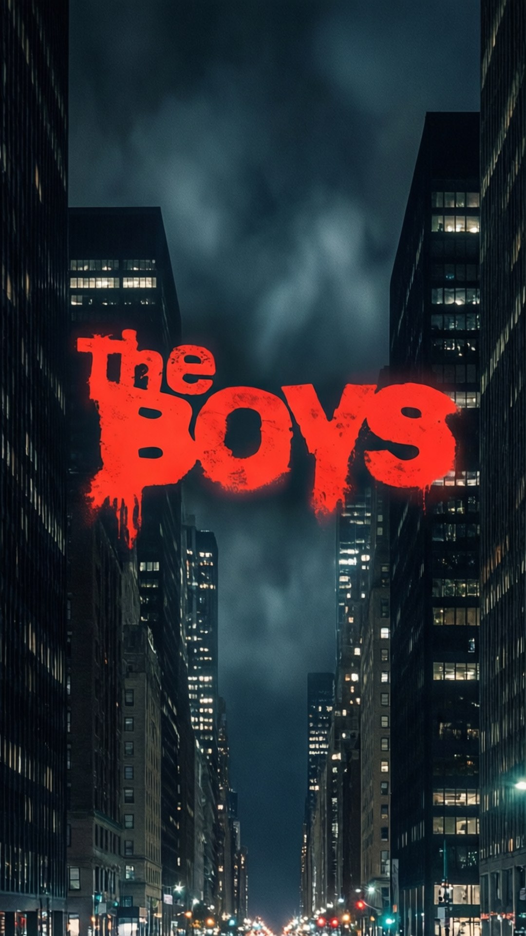 The Boys Title Wallpaper 壁紙 — 一個高聳的紅色塗鴉風格標題「The Boys」滴落血狀油漆，背景是黑暗暴風雨的天空，由夜間高聳的城市摩天大樓框住。