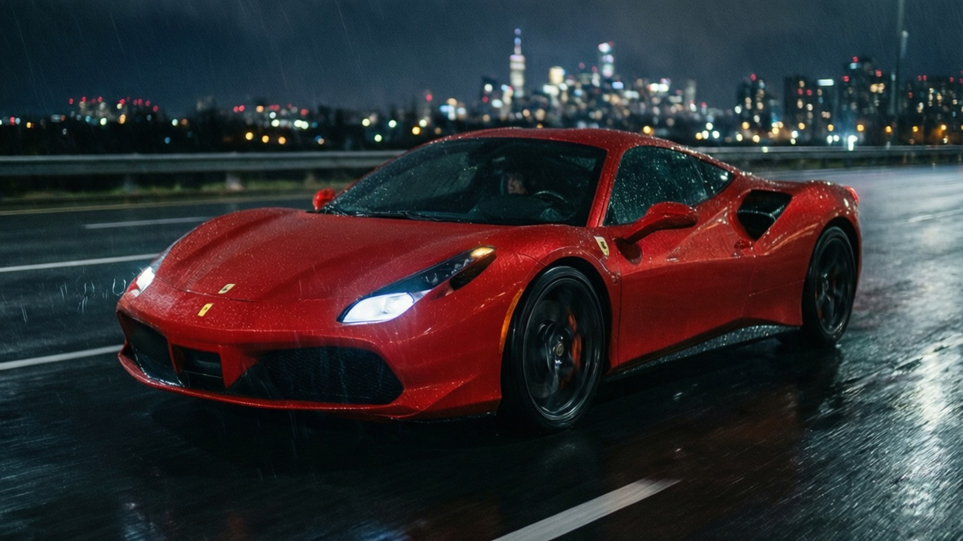 Red Car Night 壁紙 — 一輛紅色法拉利跑車在雨中滑過濕漉漉的高速公路，背後是夜晚發光的城市天際線。