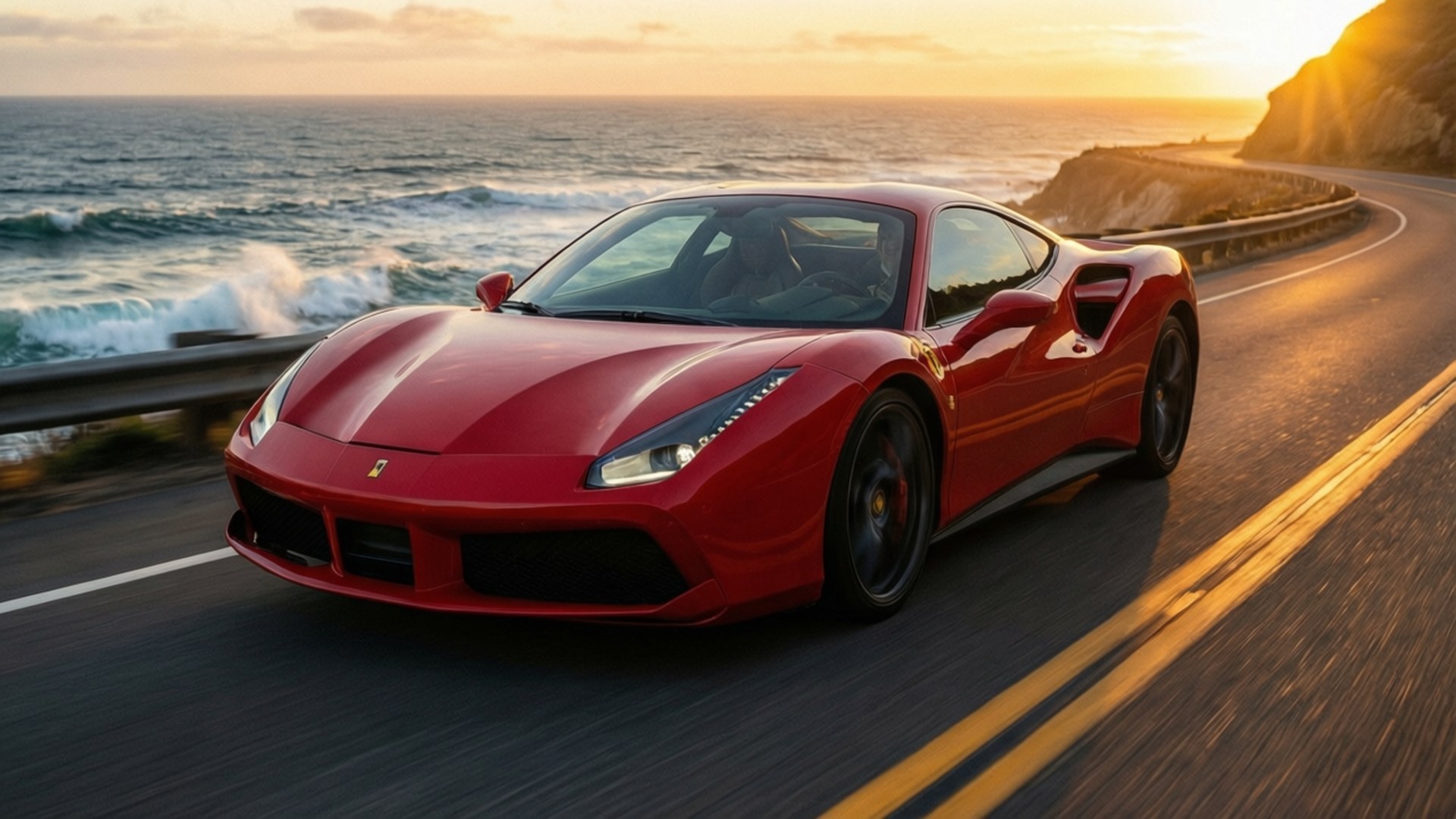 Red Ferrari Sunset Cruise 壁紙 — 一輛紅色法拉利488 GTB在日落時分沿著海岸公路疾駛，背景是拍岸的浪花和懸崖。