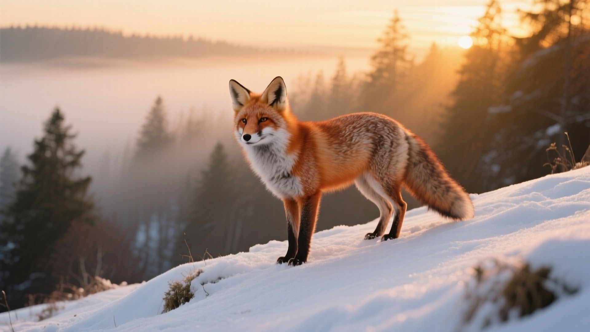 Red Fox at Golden Sunset 壁紙 — 一隻紅狐在日出時警覺地站在白雪覆蓋的山坡上，背景是霧氣瀰漫的松樹林。