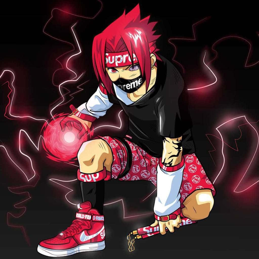 紅髮動漫角色穿著 Supreme 裝備，在黑暗霓虹背景中手持發光球體。 — Sasuke 壁紙