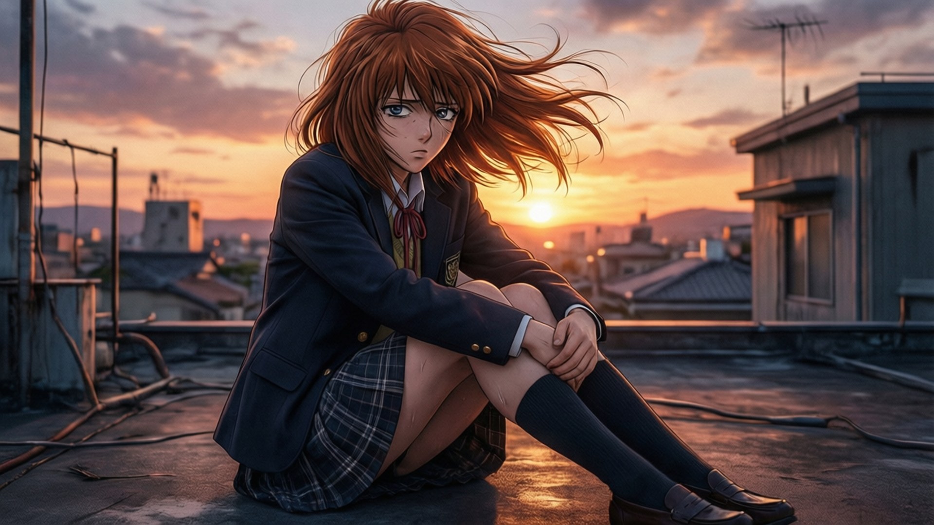 Mami Rooftop Solitude 壁紙 — 一個紅髮動漫女孩穿著校服，在日落時獨自坐在屋頂上，風吹動她的頭髮。
