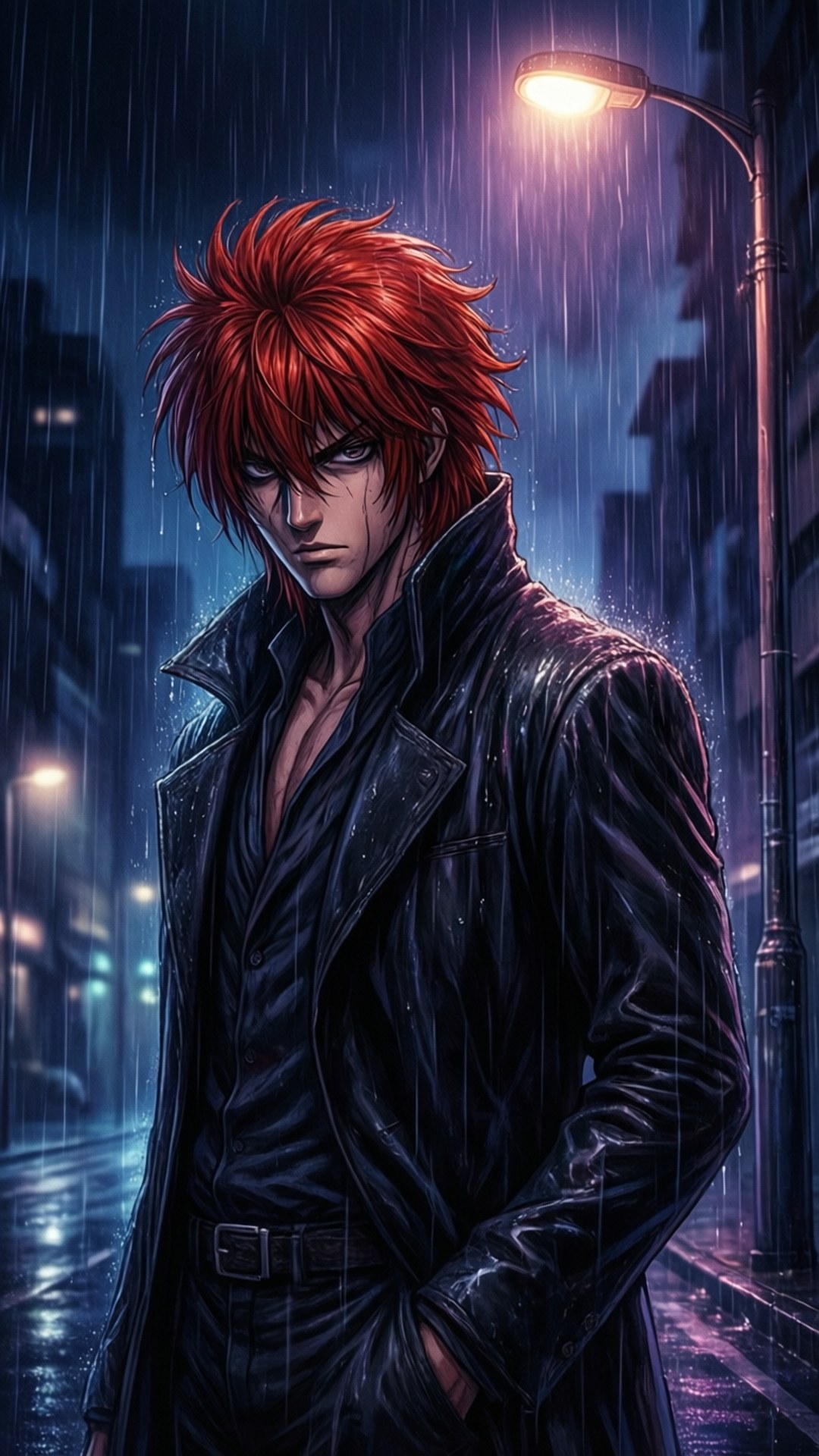 特別的 桌布 壁紙 — 一位紅髮動漫男子穿著黑色風衣，站在雨夜霓虹燈城市景觀的路燈下。