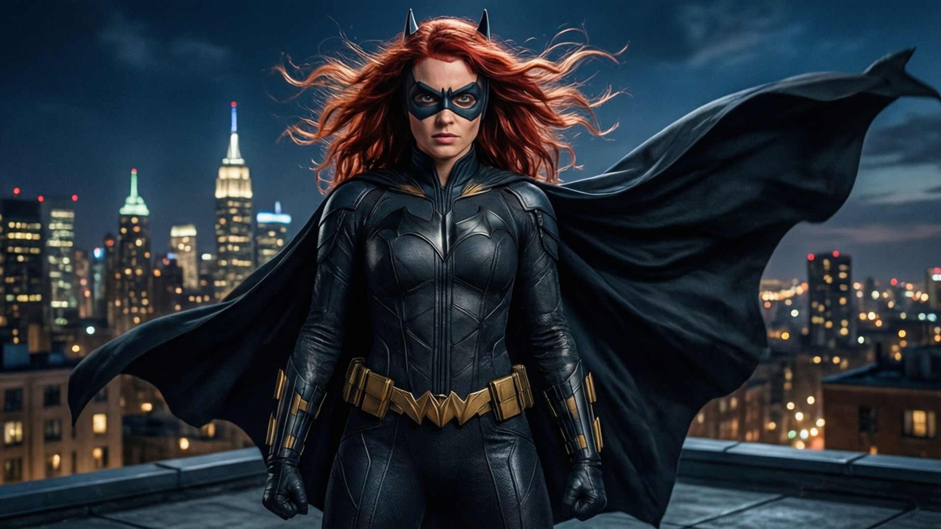 Batwoman Rises 壁紙 — 一位紅髮蝙蝠女站在屋頂上，斗篷隨風飄揚，背景是夜晚發光的城市天際線。