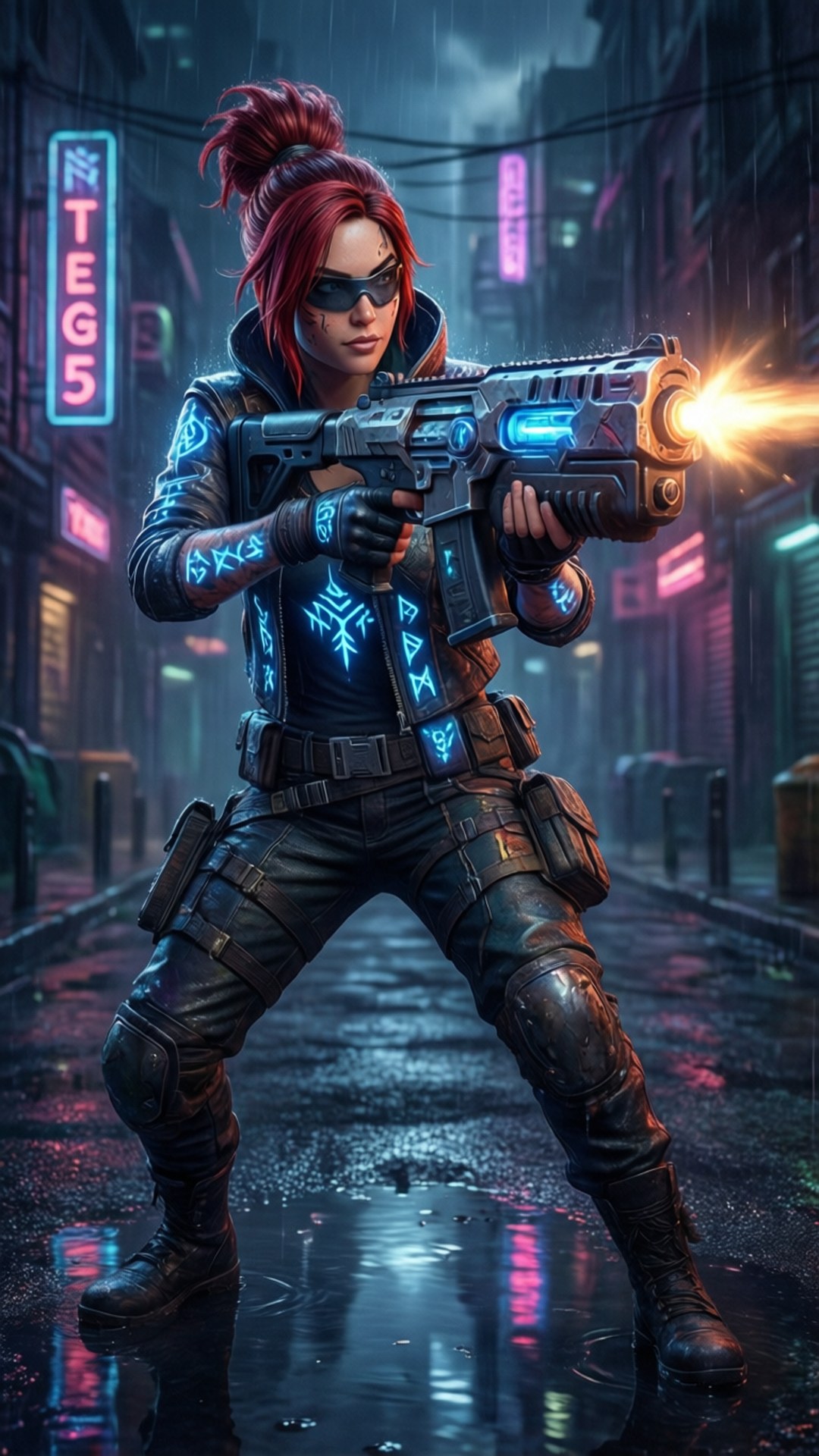 Neon Alley Calamity 壁紙 — 一位紅髮的賽博龐克戰士在夜晚霓虹燈閃爍的雨街上發射發光的藍色武器。