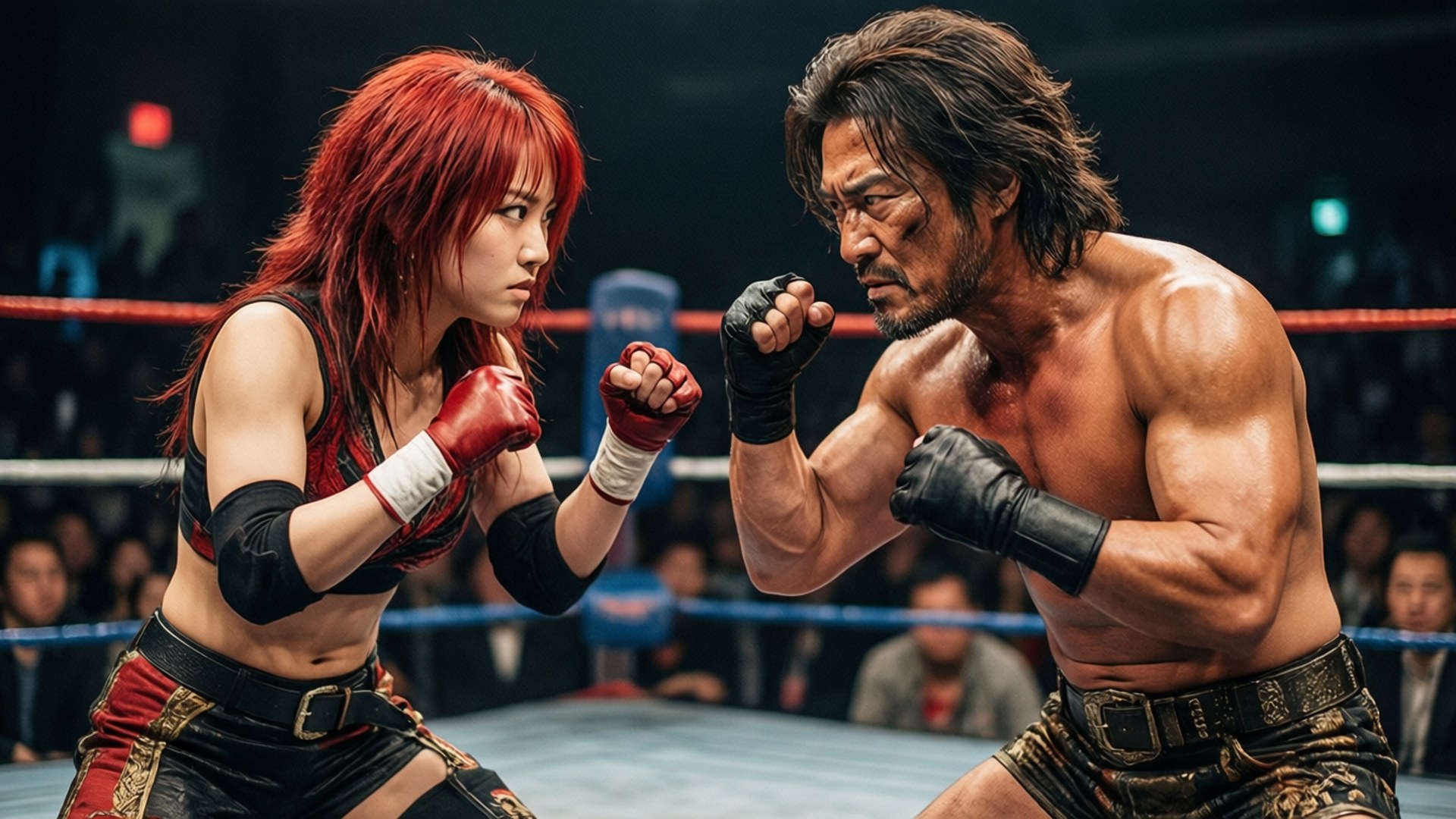 Final Showdown 壁紙 — 一位紅髮女戰士和一位肌肉發達的男戰士在燈光明亮的摔角擂台上激烈對峙。