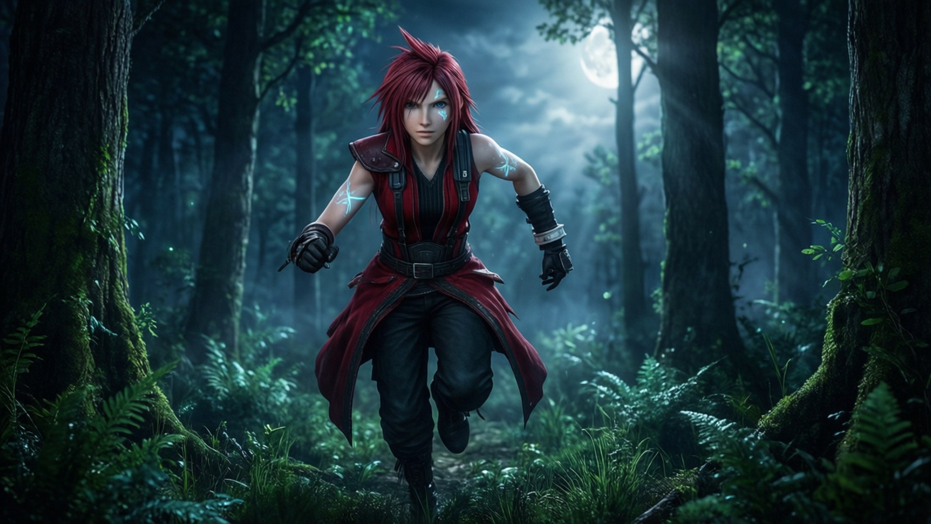 Ff7 Rebirth 桌布 壁紙 — 一位紅髮戰士身穿紅色外套，在霧氣瀰漫、月光照耀的森林中奔跑，周圍是高聳的樹木和發光的蕨類植物。