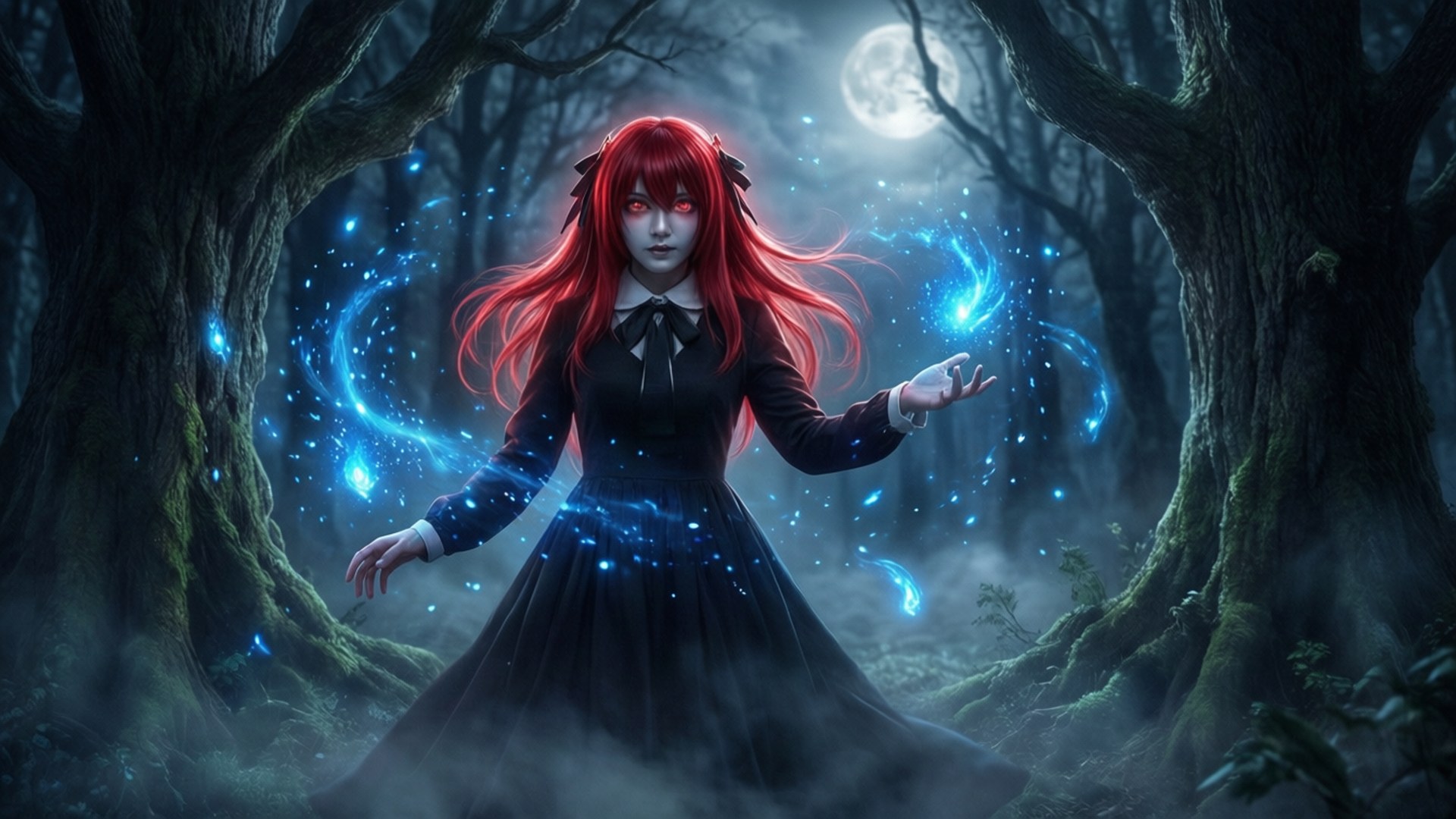 The Ancient Magus' Bride 桌布 壁紙 — 一位紅髮女巫穿著黑色連衣裙，在月光籠罩、迷霧瀰漫的森林中引導發光的藍色魔法。