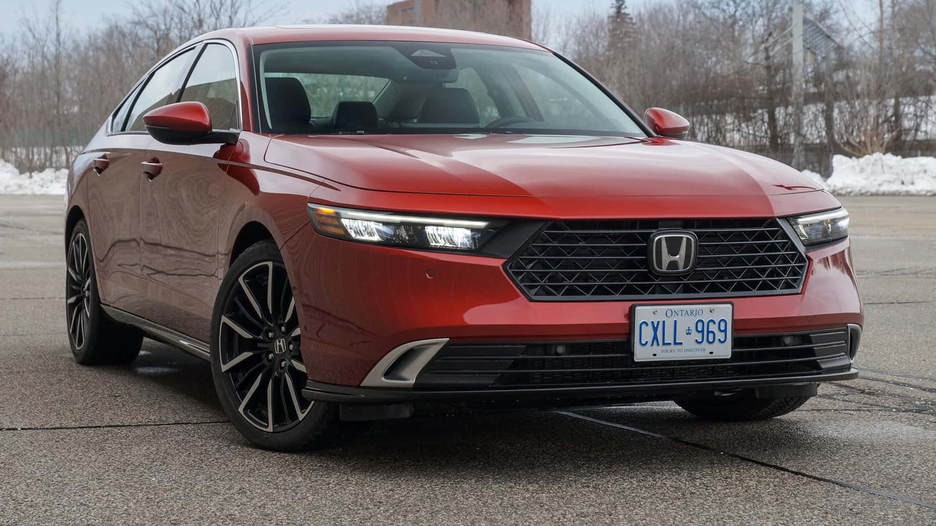 Honda Accord 桌布 壁紙 — 一輛亮麗的紅色本田轎車停在積雪的路邊，背景是光禿禿的樹木。
