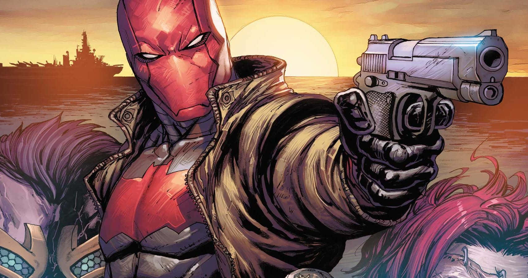 紅頭罩 桌布 壁紙 — Red Hood 在日落背景下，水上戰艦剪影中，將手槍瞄準觀眾。