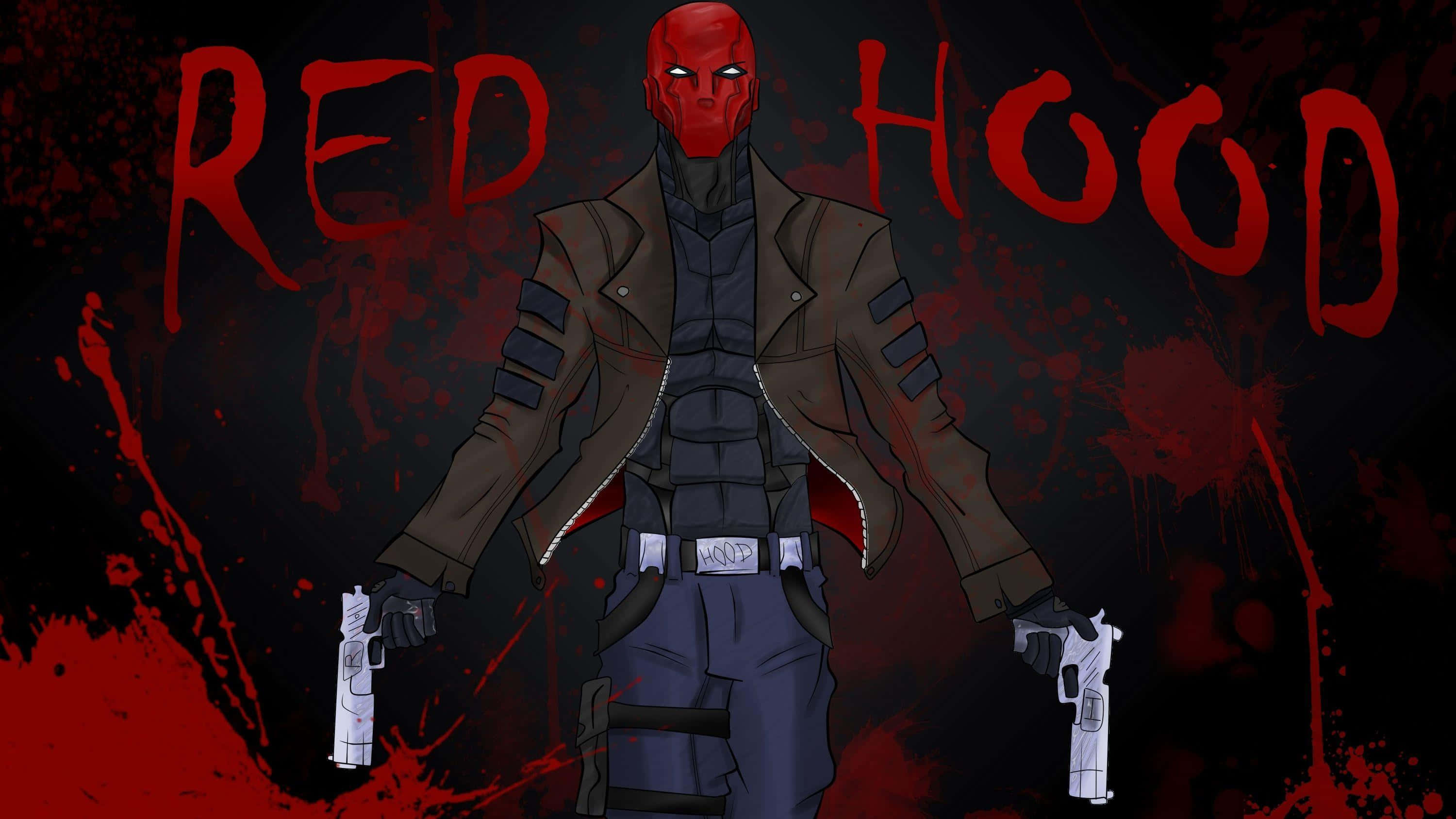 紅頭罩 桌布 壁紙 — Red Hood 在黑暗背景中帶有血跡和紅色塗鴉名字，威嚇地站立。
