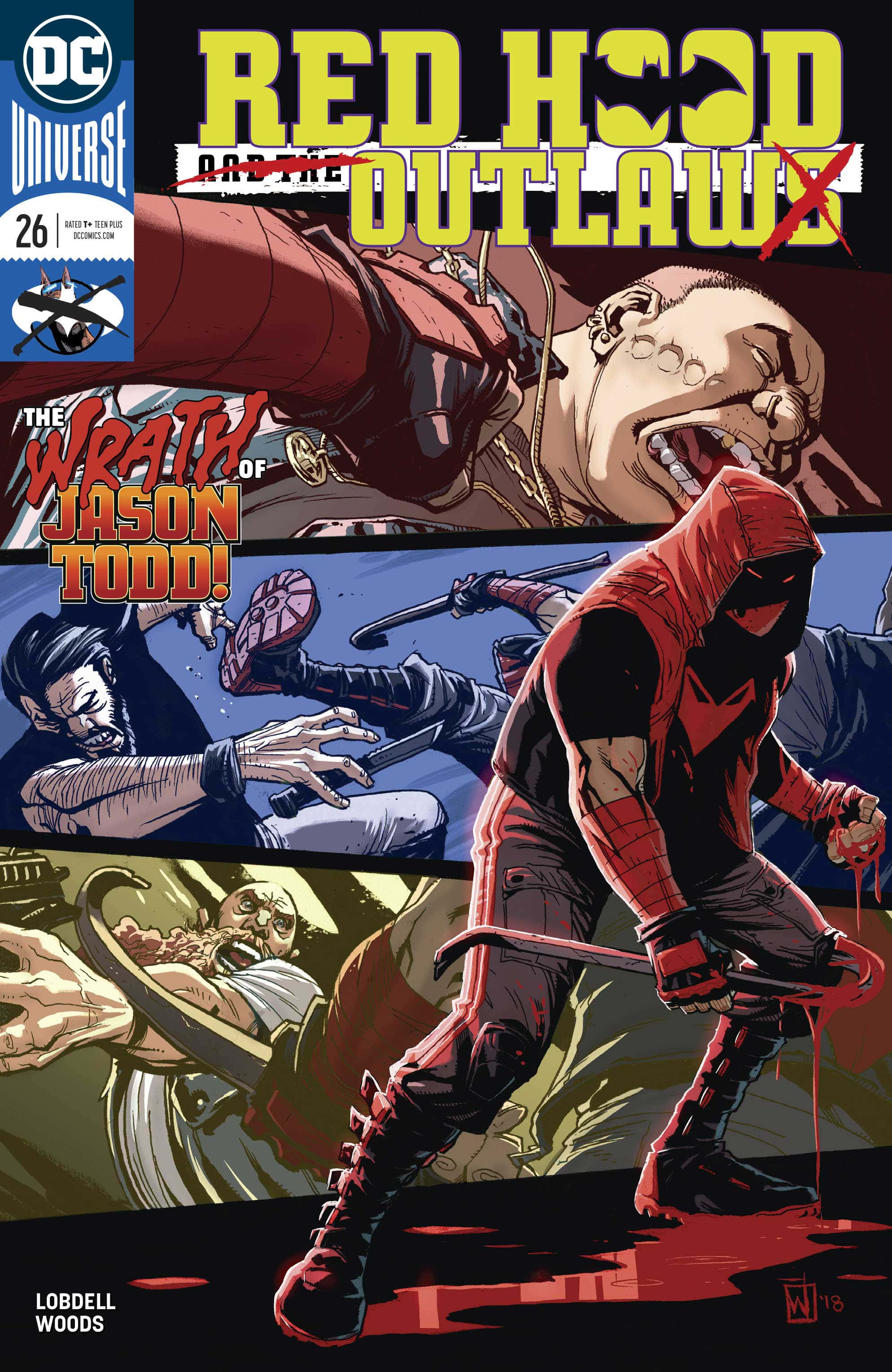 紅頭罩 桌布 壁紙 — Red Hood 站在一個血淋淋的敵人上方，一個暴力的漫畫格，用大膽的紅色和黑色。