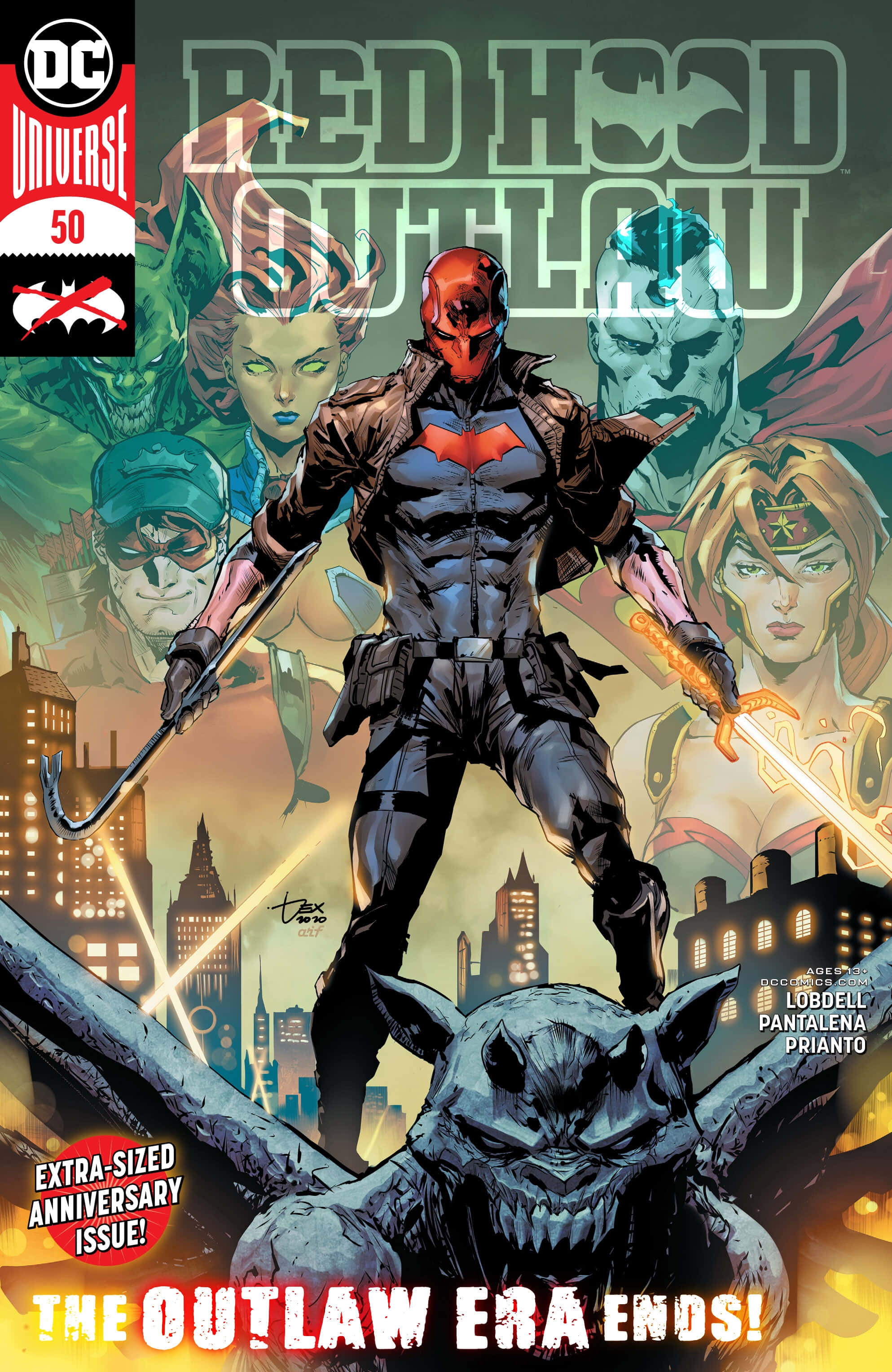 紅頭罩 桌布 壁紙 — Red Hood 站在一隻怪獸蝙蝠上，在城市景觀中，被盟友和敵人包圍，是一個戲劇性的漫畫封面。