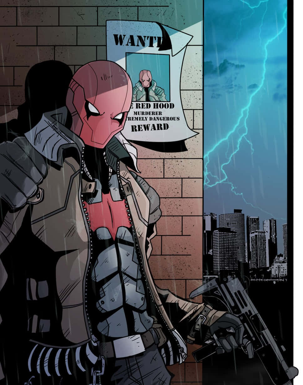 紅頭罩 桌布 壁紙 — Red Hood 站在雨中，背靠磚牆，身後有一張通緝海報，閃電劃過城市天際線。