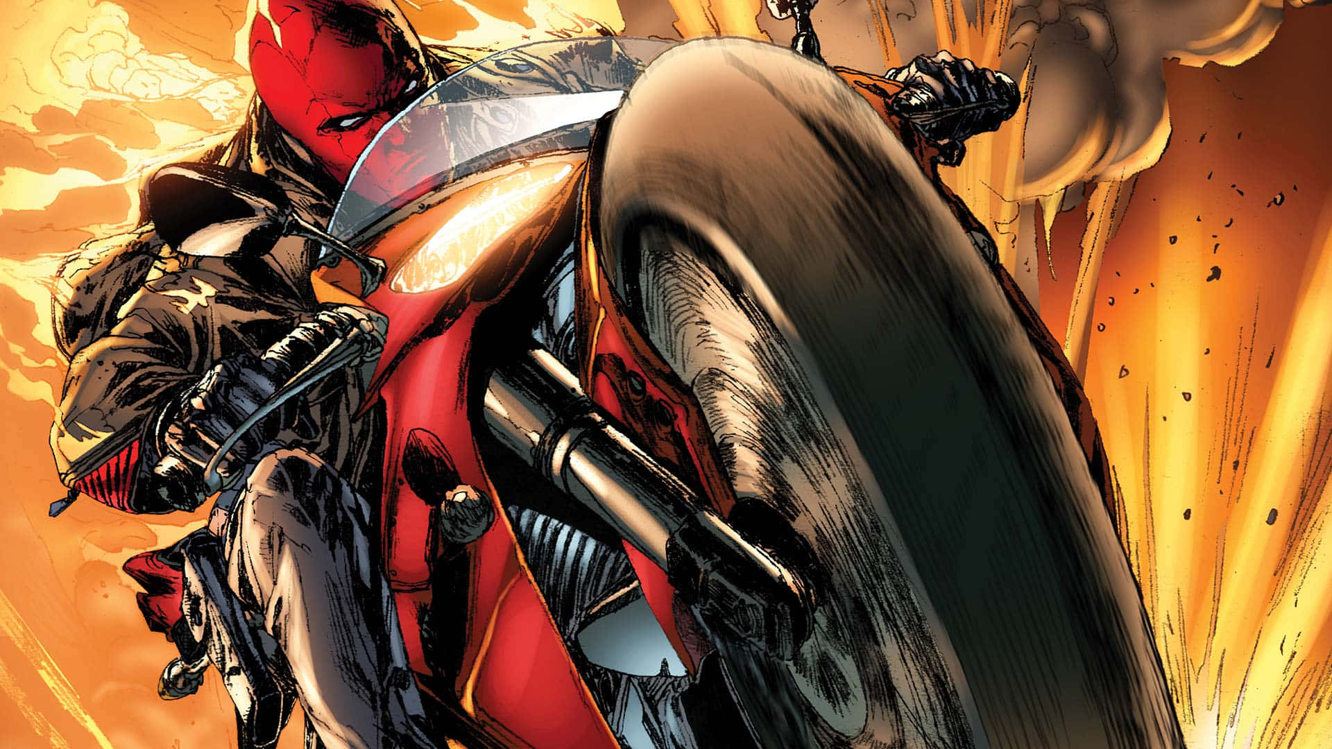 紅頭罩 桌布 壁紙 — Red Hood 騎著紅色摩托車穿過熾熱的橙色爆炸，呈現動態漫畫動作場景。