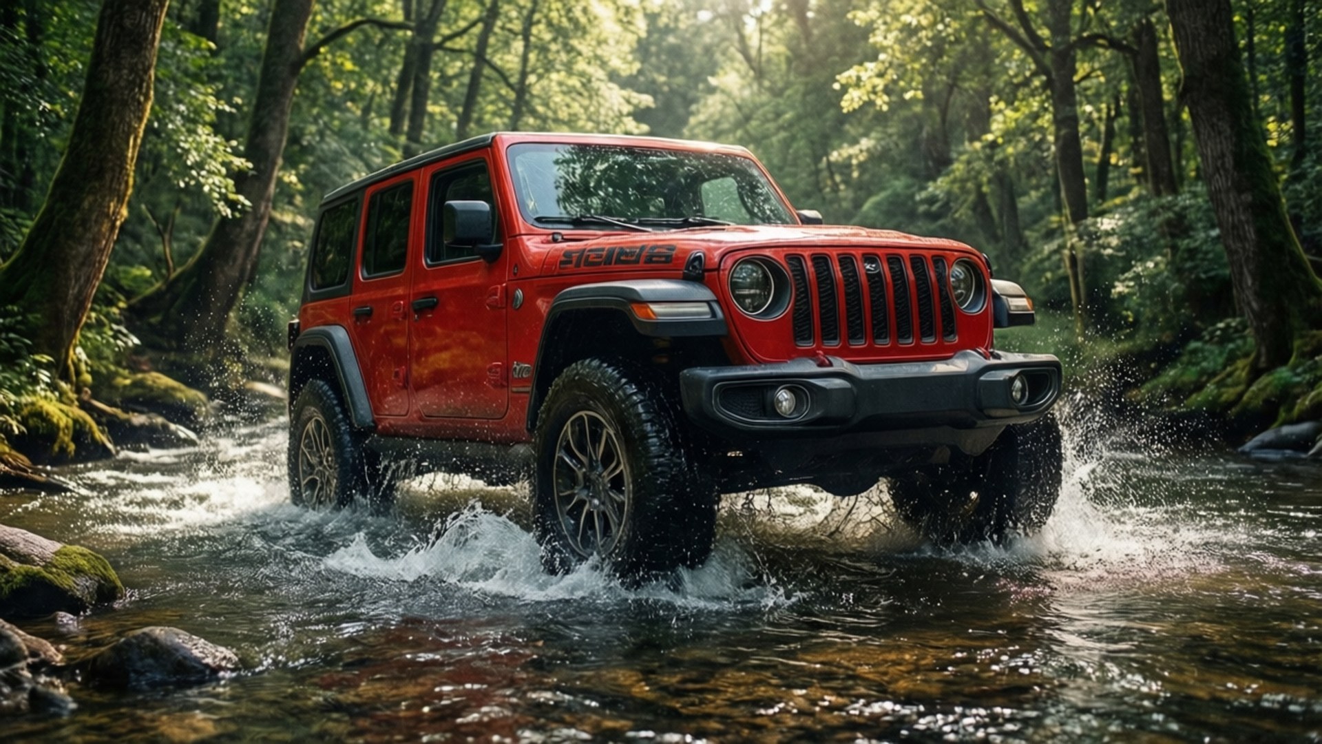 River Crossing Wrangler 壁紙 — 一輛鮮紅色的Jeep Wrangler在淺淺的森林溪流中行駛，水花在堅固的輪胎周圍飛濺。