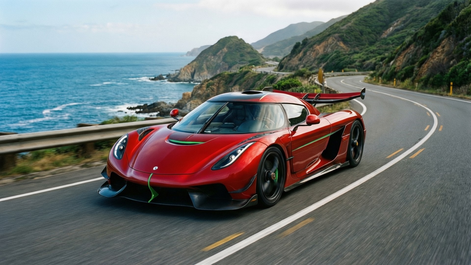 Coastal Regera 壁紙 — 一輛鮮紅色的 Koenigsegg 超級跑車沿著海岸山路飛馳，背景是藍色海洋和綠色懸崖。