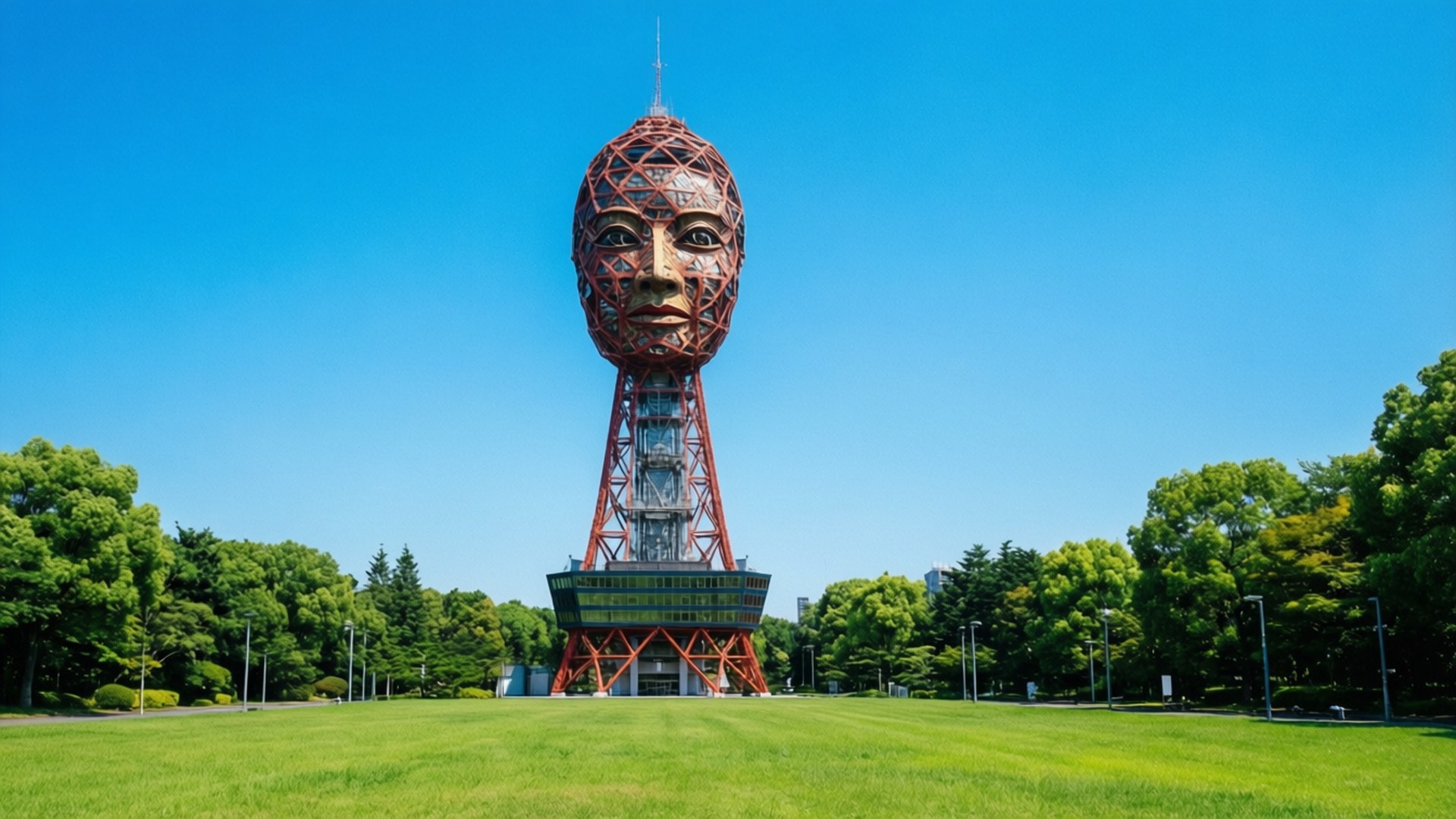 Tower of the Sun 壁紙 — 一座高聳的紅色格子結構，頂部有一個巨大的面孔，矗立在廣闊的綠色公園中，天空清澈湛藍。
