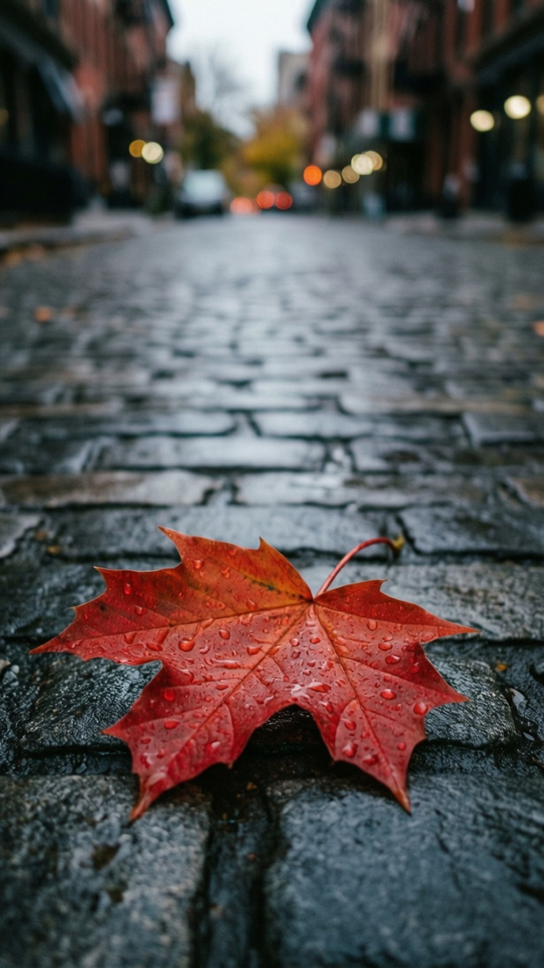 Rainy Leaf on Cobblestone 壁紙 — 一片鮮紅的楓葉帶著水珠，躺在濕漉漉的鵝卵石街道上，背景是模糊的城市燈光。
