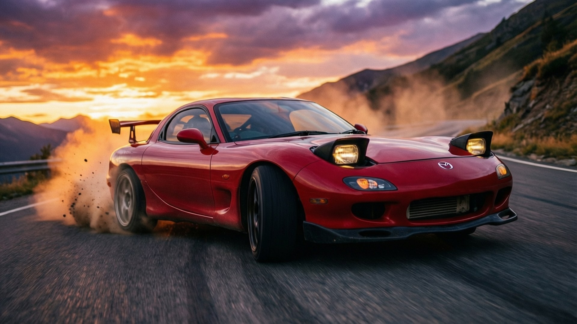紅色Mazda RX-7在日落時分的山路上飄移，揚起灰塵和煙霧 — Jdm 壁紙