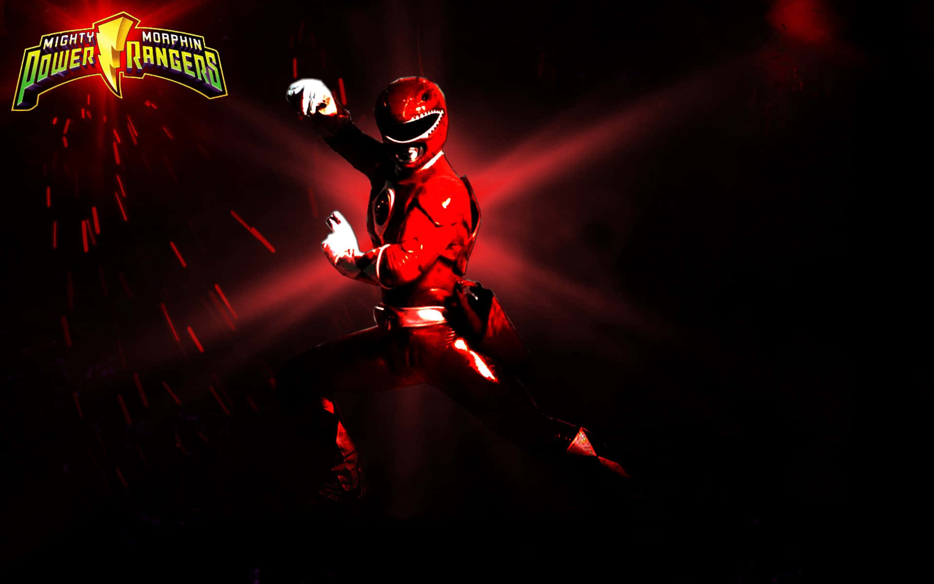  壁紙 — 紅色Mighty Morphin Power Ranger以動態姿勢站立，被戲劇性的紅光照亮，背景為深色。