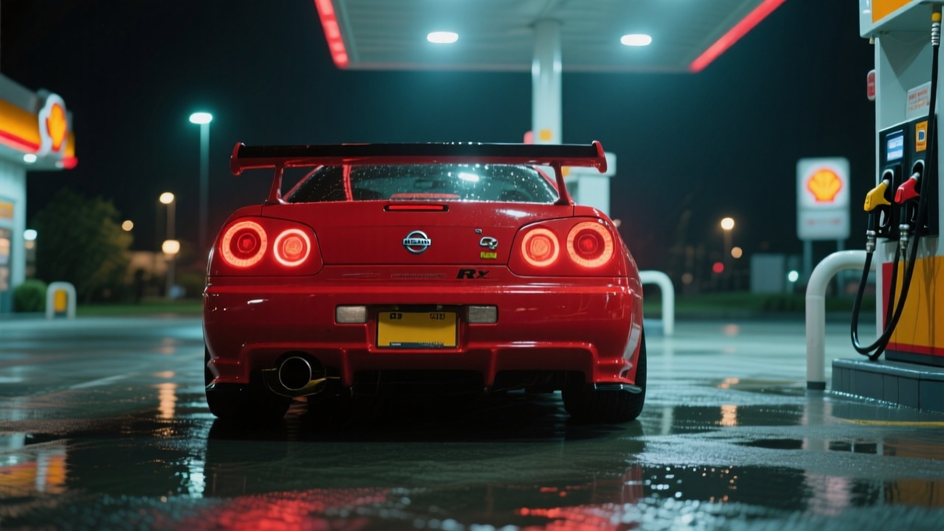 Red R33 Gas Station Night 壁紙 — 一輛紅色日產R34 GT-R，帶有發光的圓形尾燈，停在殼牌加油站，在潮濕的夜晚反射霓虹燈光。