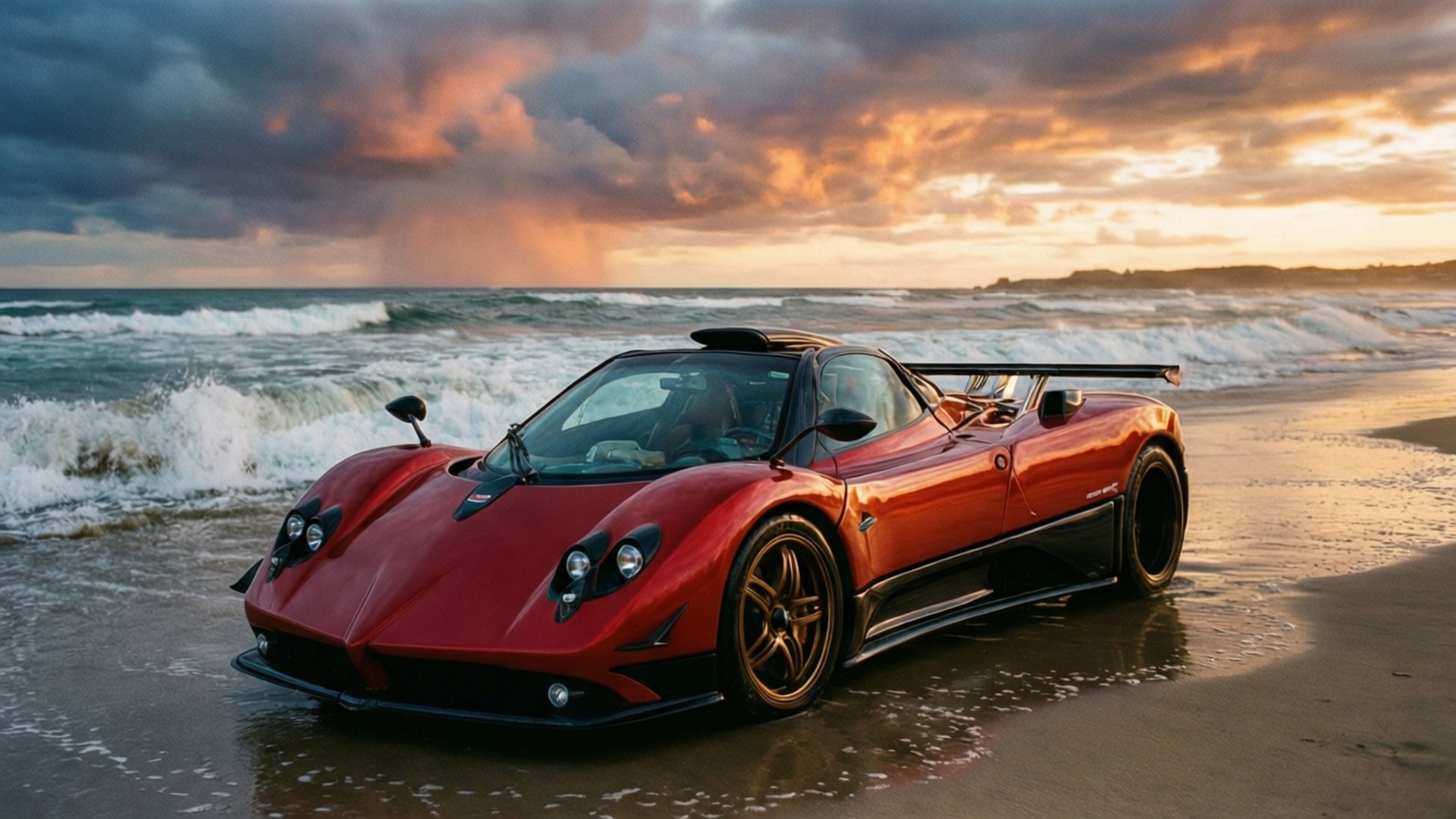 Red Barchetta Beach 壁紙 — 一輛紅色Pagani Zonda跑車停在濕沙灘上，海浪在戲劇性的日落天空下拍打。