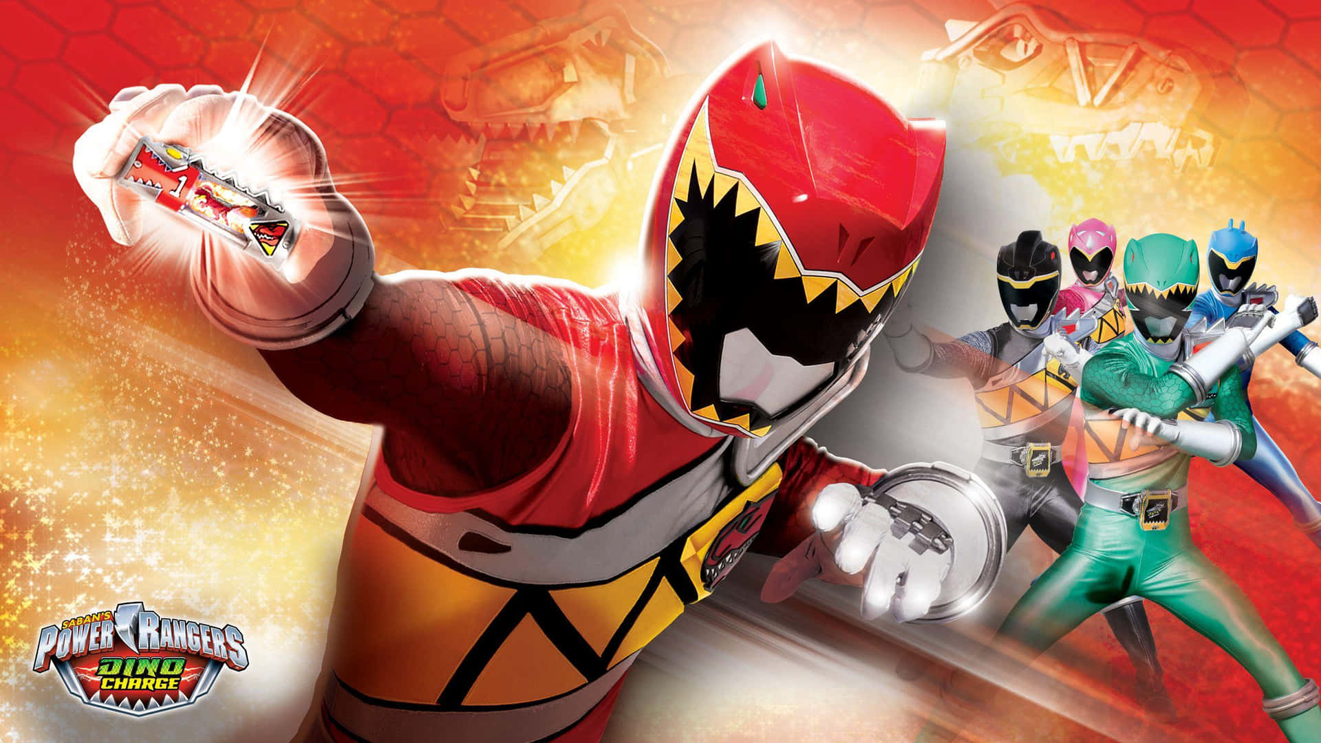  壁紙 — 紅色Power Ranger以動態姿勢揮舞發光的變身器，其他ranger以英雄姿態站在熾熱的橙色和紅色背景前。