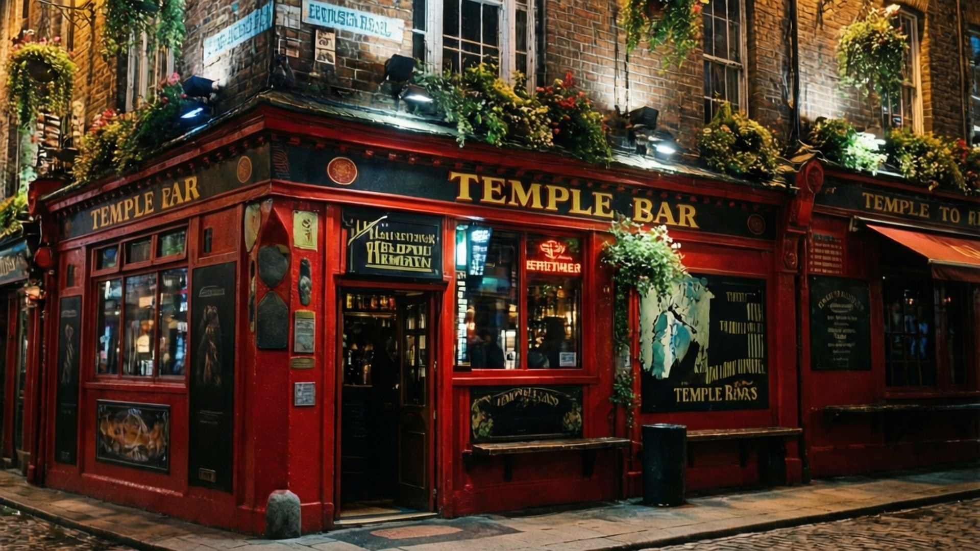 Irish 壁紙 — 在歷史悠久的磚砌區，一個充滿活力的紅色酒吧角落，夜晚裝飾著懸掛的花朵和發光的霓虹燈招牌。