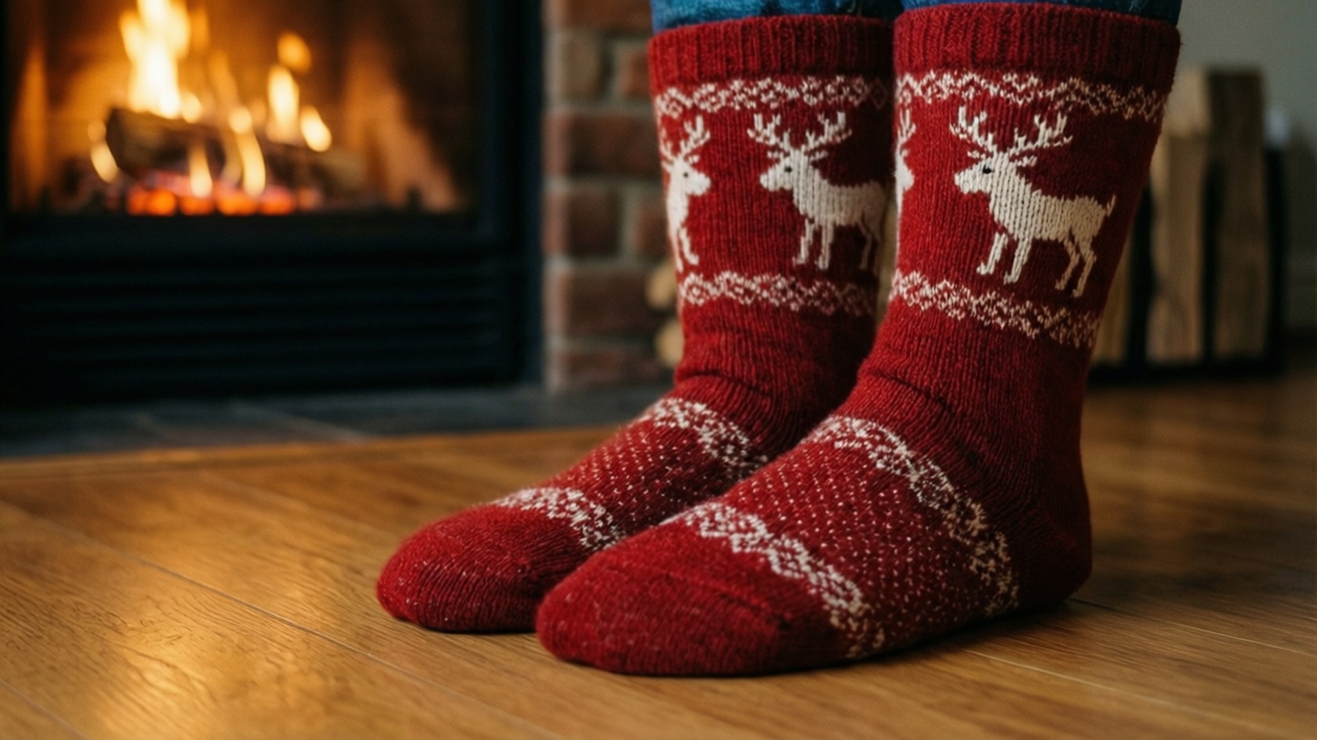 Cozy Socks 壁紙 — 紅色馴鹿圖案襪子放在木地板上，前面是燃燒的壁爐，附近有堆疊的木柴。