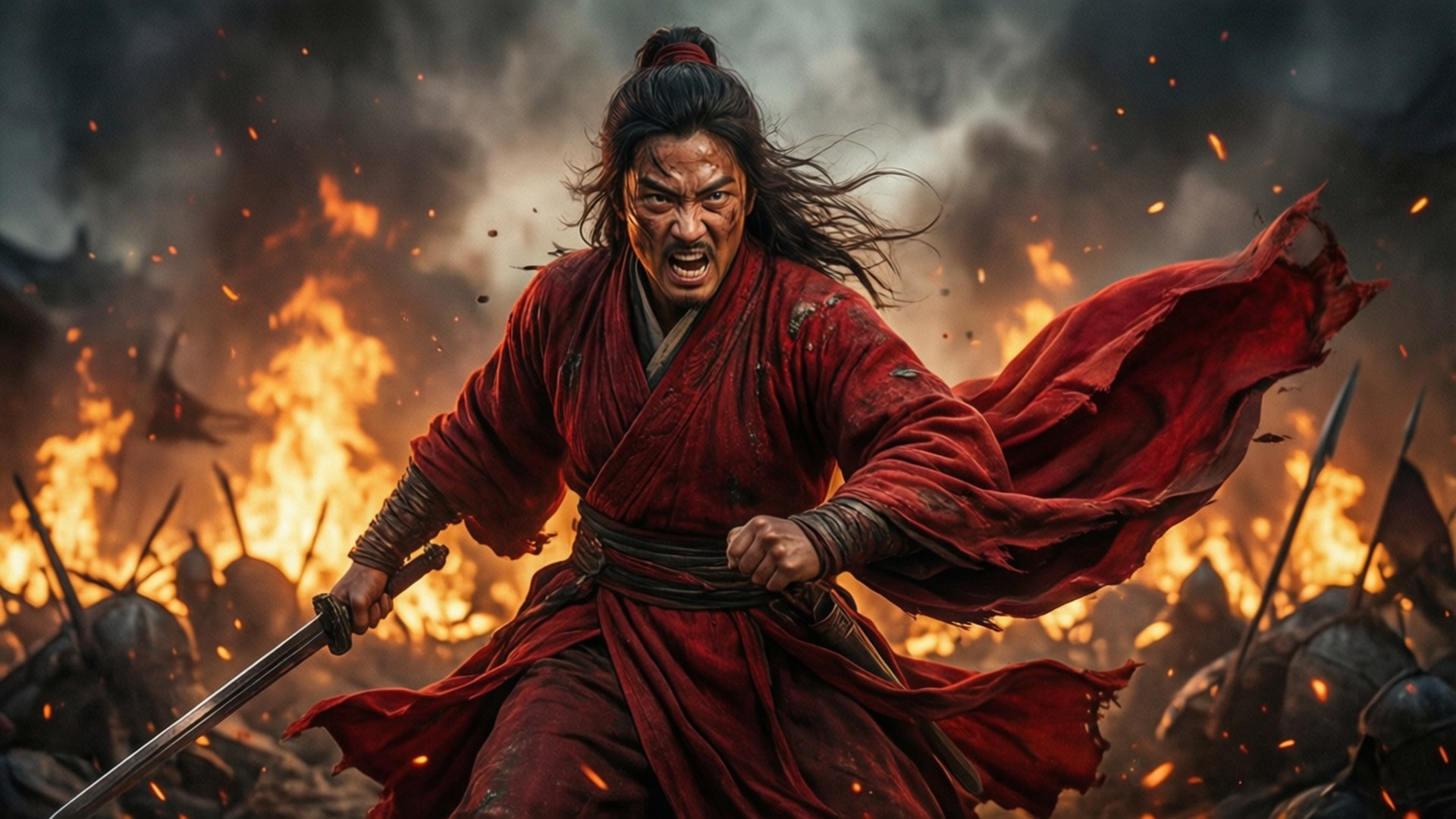 Flames of War 壁紙 — 一位身穿飄逸紅袍的戰士在混亂的戰場上，於火焰和煙霧中揮劍怒吼。
