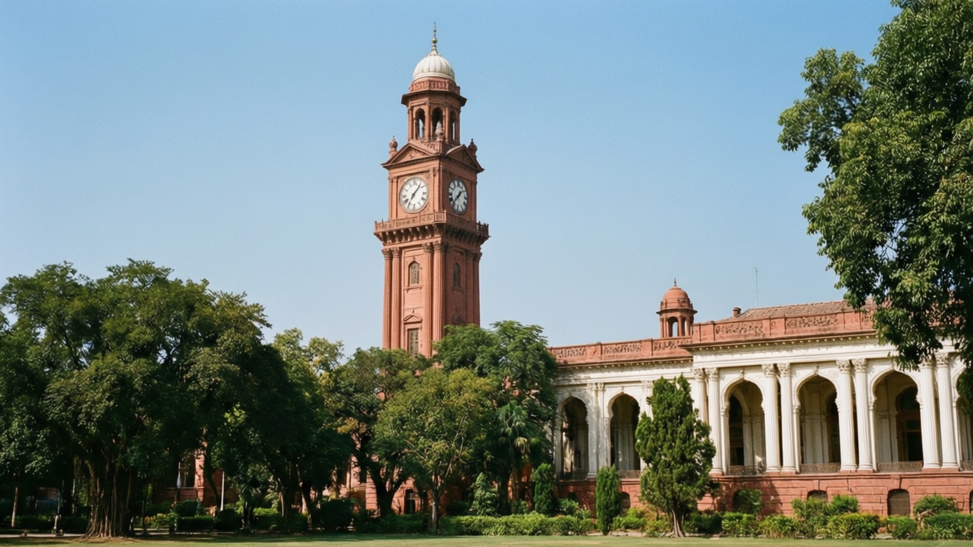 Lahore Museum Clock Tower 壁紙 — 一座巨大的紅色砂岩鐘樓，帶有白色圓頂，聳立在茂密的綠樹之上，旁邊是柱廊建築，背景是清澈的藍天。