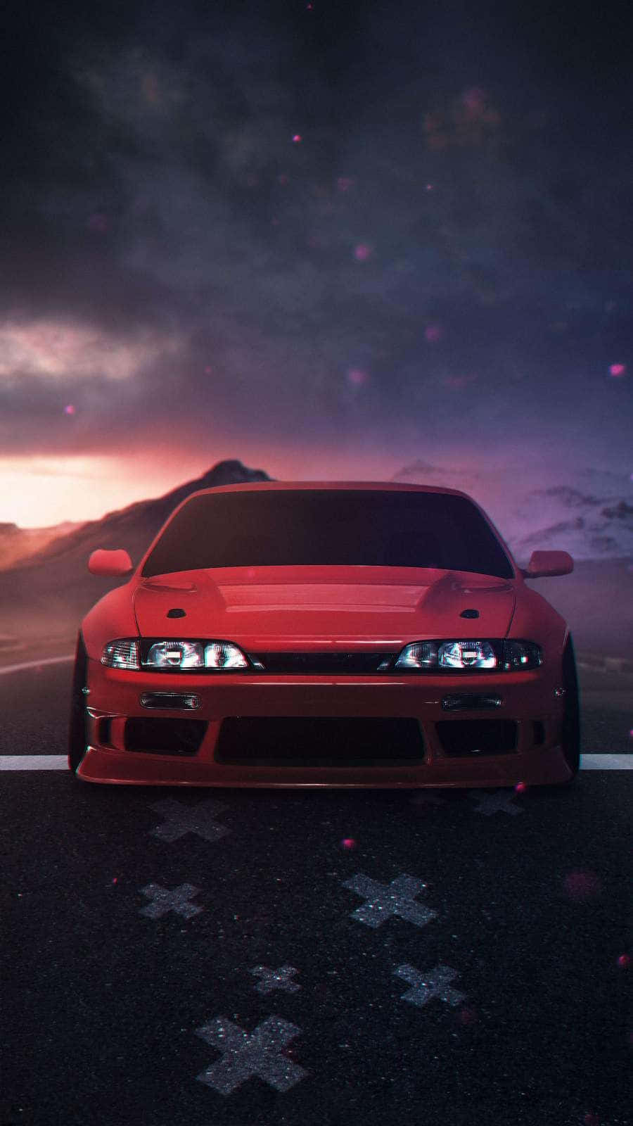 暮色中的紅色跑車在道路上，背景有山脈和星空。 — Toyota Supra 壁紙