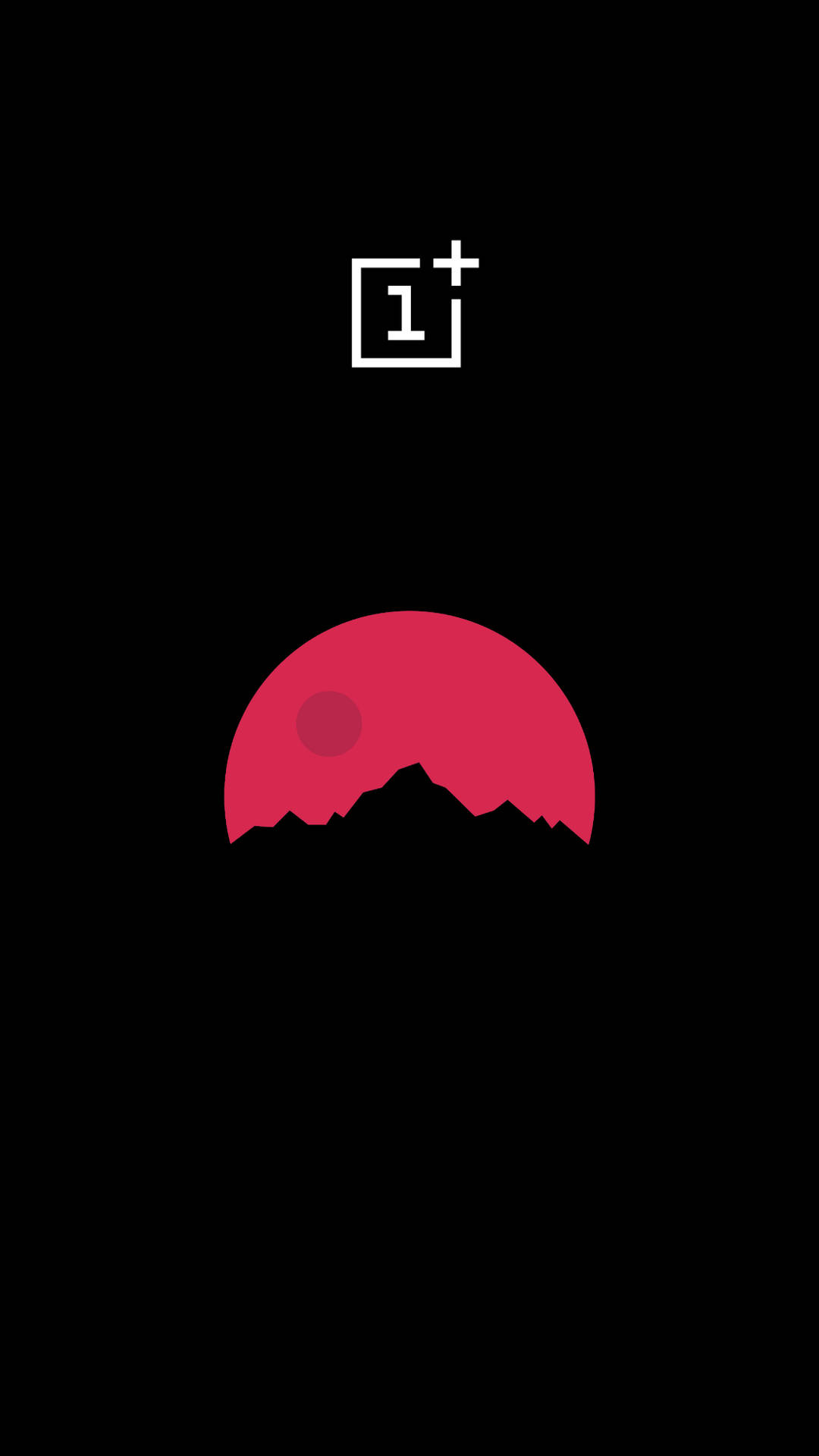紅色夕陽落在黑色山脈後方，上方有OnePlus標誌 — Amoled 壁紙