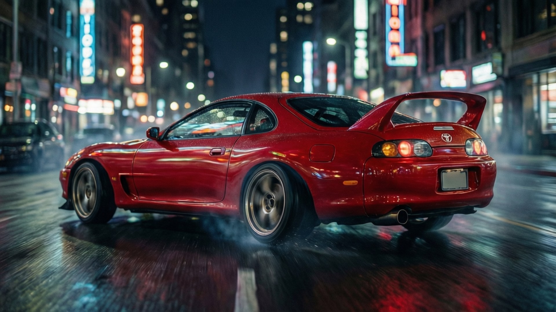 Neon Supra Drift 壁紙 — 一輛紅色豐田Supra在雨濕的霓虹燈城市街道上夜間飄移，發光的招牌在濕漉漉的路面上反射。