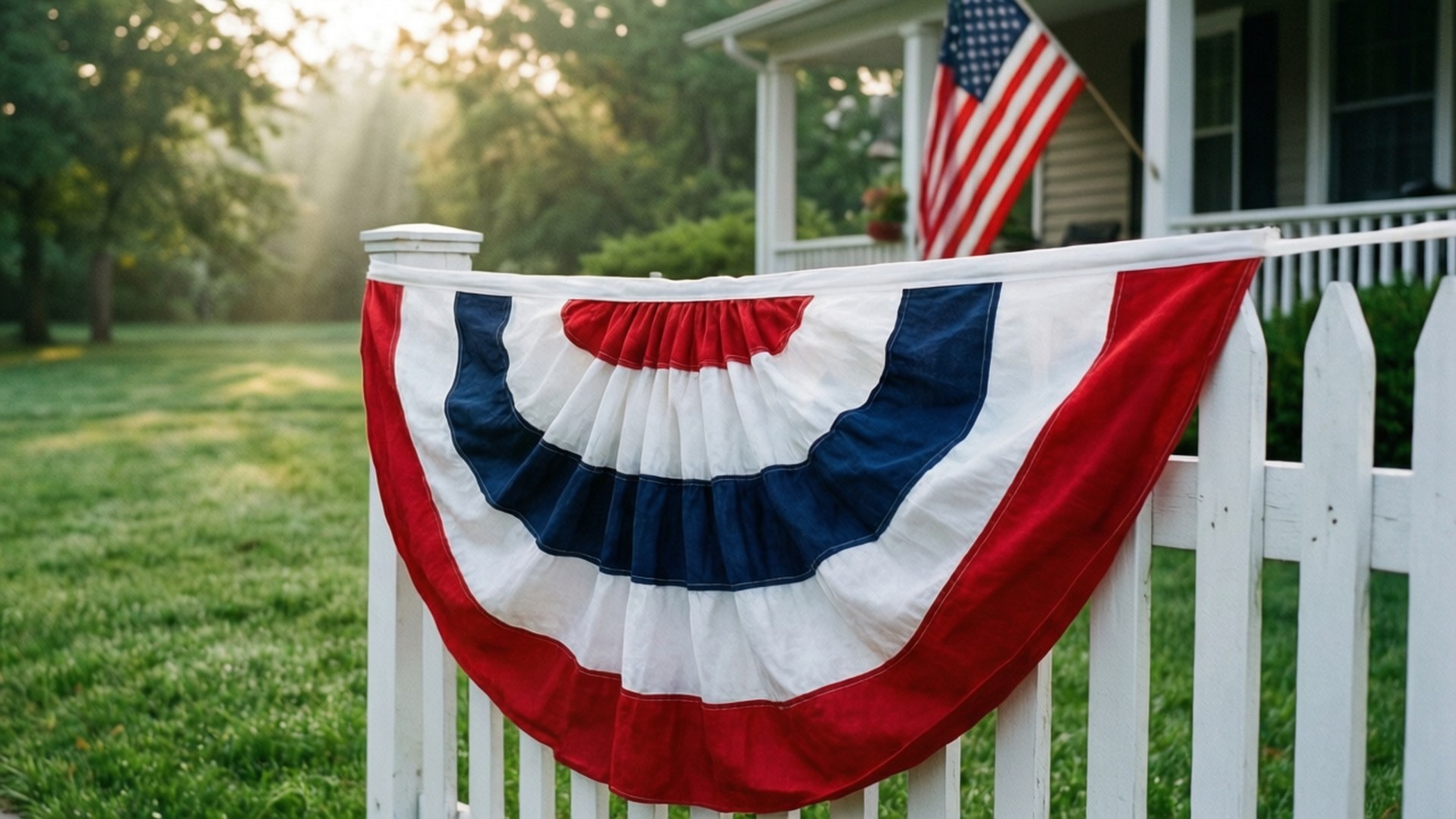 Bunting and Fence 壁紙 — 在黃金時段，一面紅、白、藍三色橫幅掛在白色尖樁籬笆上，背景是飄揚的美國國旗和房屋。